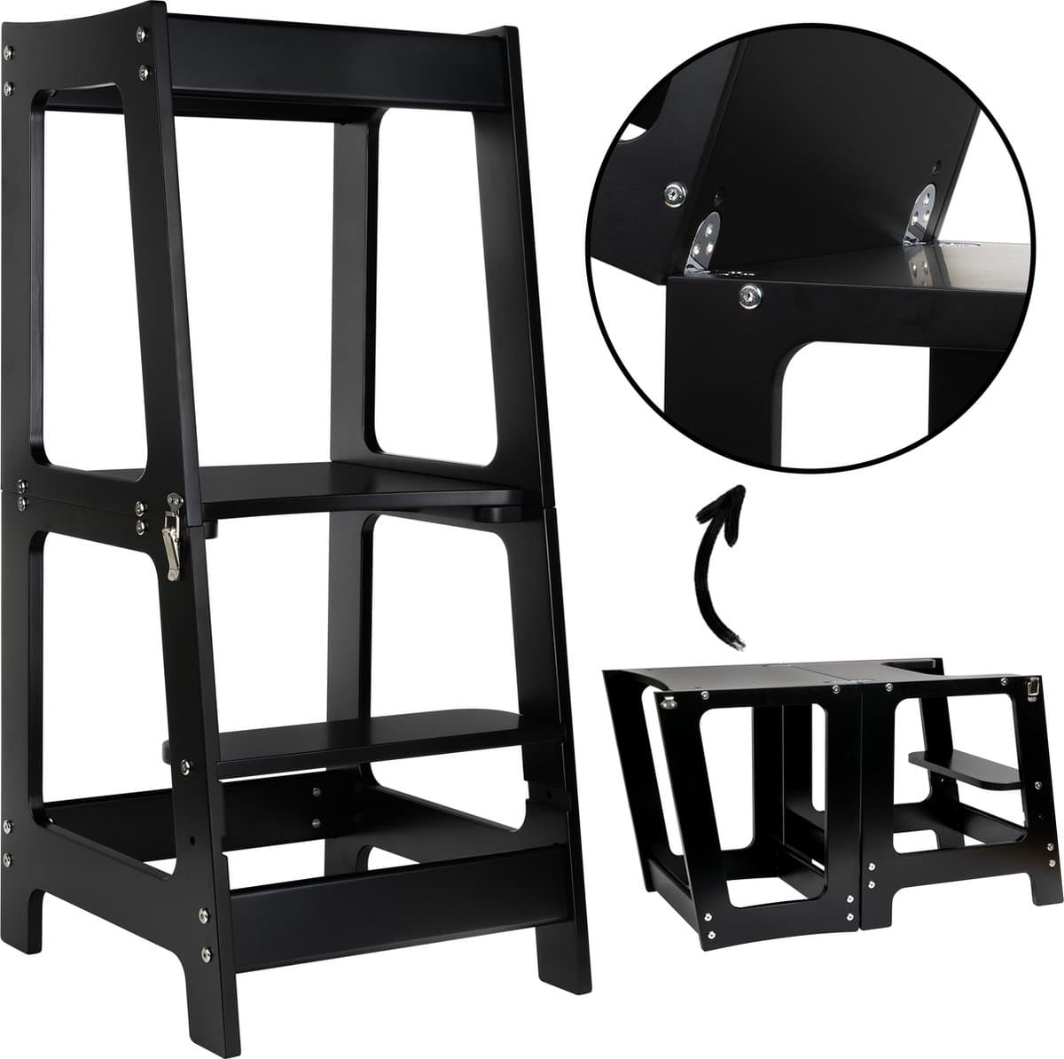 BYPLUIM Leertoren Opvouwbaar - Zwart- Montessori Leertoren - Kindertrap - Keukentrap - Kindertoren - Keukenhulp - Learning Tower Foldable - Opstapje - Inklapbaar- Leerstoel - Kindertafel - Speeltafel