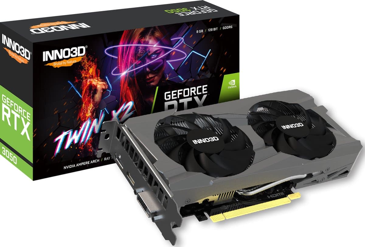 INNO3D NVIDIA GeForce RTX 3050 Twin X2 V2 - Videokaart - 8GB - GDDR6X - PCIe 4.0 - 1x HDMI 2.1 - 1x DisplayPort 1.4 - 1x DVI-D