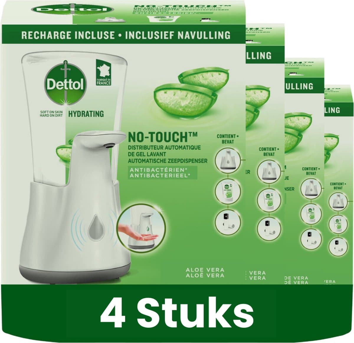 Dettol No-Touch - 4 x Automatische Zeepdispenser Zilver met Hydraterende Aloë Vera Navulling - 250 ml
