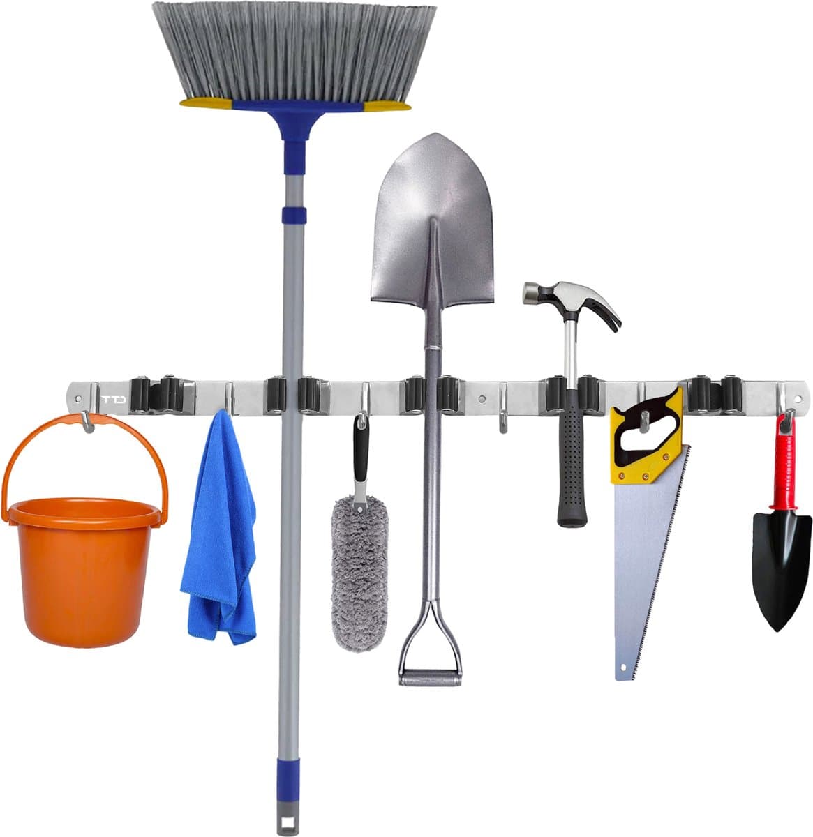 TTD® Luxe XXL Bezemhouder en Bezem Ophangsysteem voor Gereedschap - Bezemhouder Zelfklevend - Gereedschapshouder - Schoonmaak - 5 Ophanghaken & 6 Gereedschapsklemmen - Opbergsysteem - Tuingereedschap - Klussen - 62 CM - RVS - Inclusief 3M tape