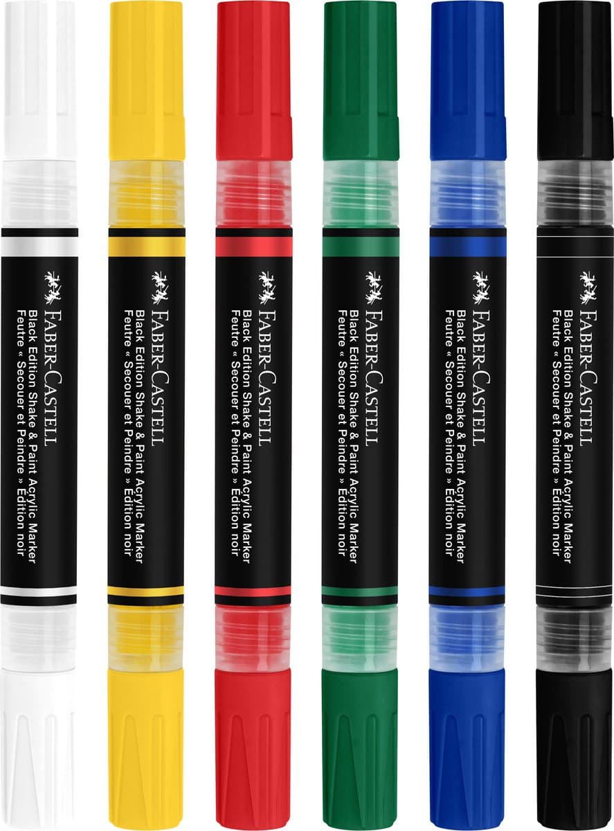 Faber-Castell acryl marker set - zwarte editie, 6 standaard kleuren