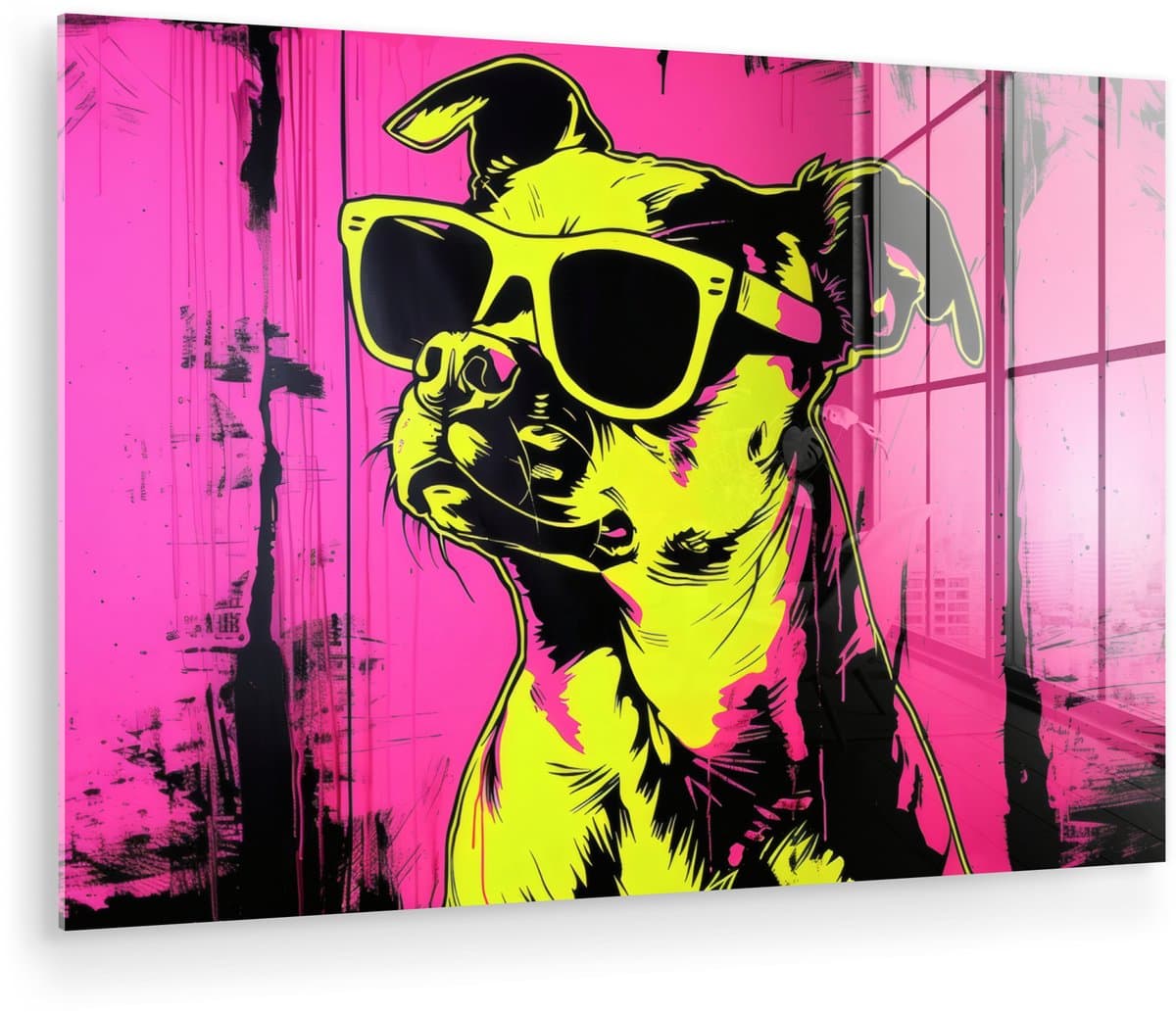 MuchoWow® Glasschilderij 150x100 cm - Schilderij acrylglas - Hond - Zonnebril - Roze - Art - Foto op glas - Muurdecoratie woonkamer - Wanddecoratie slaapkamer - Schilderijen