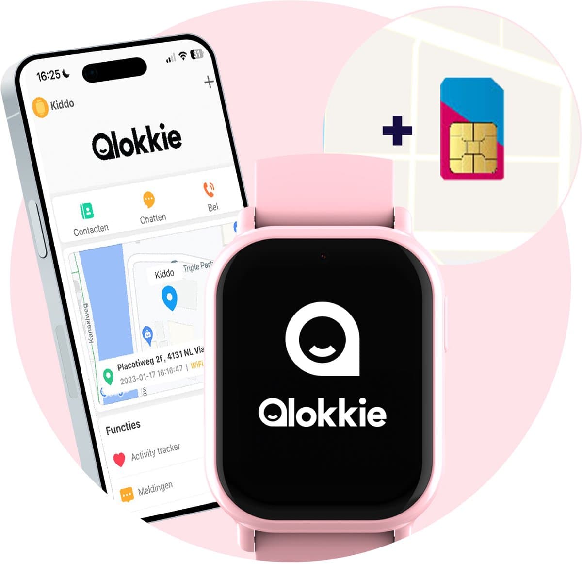 Qlokkie Kiddo Mini - GPS horloge kind - Smartwatch kinderen - GPS tracker kind met nauwkeurige locatiebepaling - GPS horloge kind met simkaart - Stel veilige zones in - SOS functie - Roze