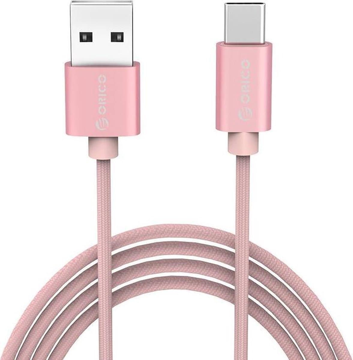 Orico - USB Type-C laad- en datakabel - 2.4A - Gevlochten Nylon - Aluminium - 1 Meter - Roze Metallic