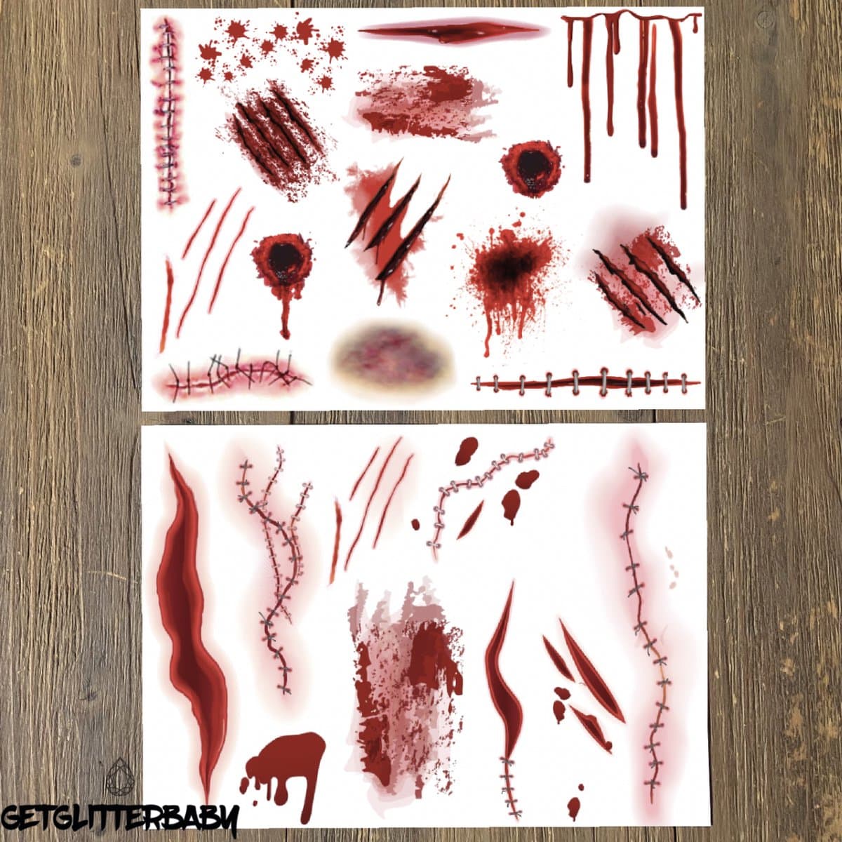 GetGlitterBaby® - Wonden Tattoo Halloween Decoratie Versiering / Carnaval Schmink Make Up Plak Tattoos Bloed Grime / Tijdelijke Tattoo / Nep Tatoeage - Wond / Wonden / Bloed - 2 stuks