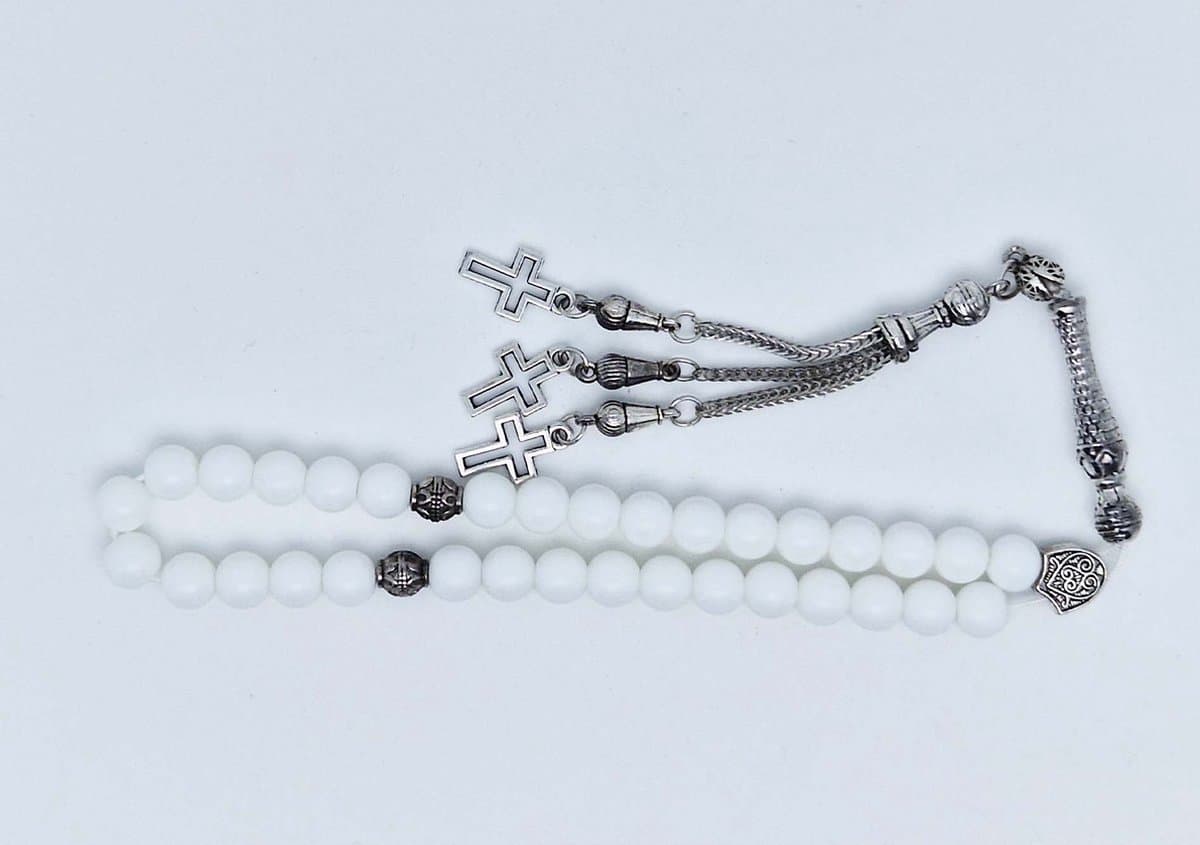 Handgemaakte tesbih klassiek - "Tasbih" natuursteen "Witte agaat" - Aantal kralen 33 - Diameter kralen 8 MM - met metaal tassel "Kruis" - Een mooi cadeau-idee