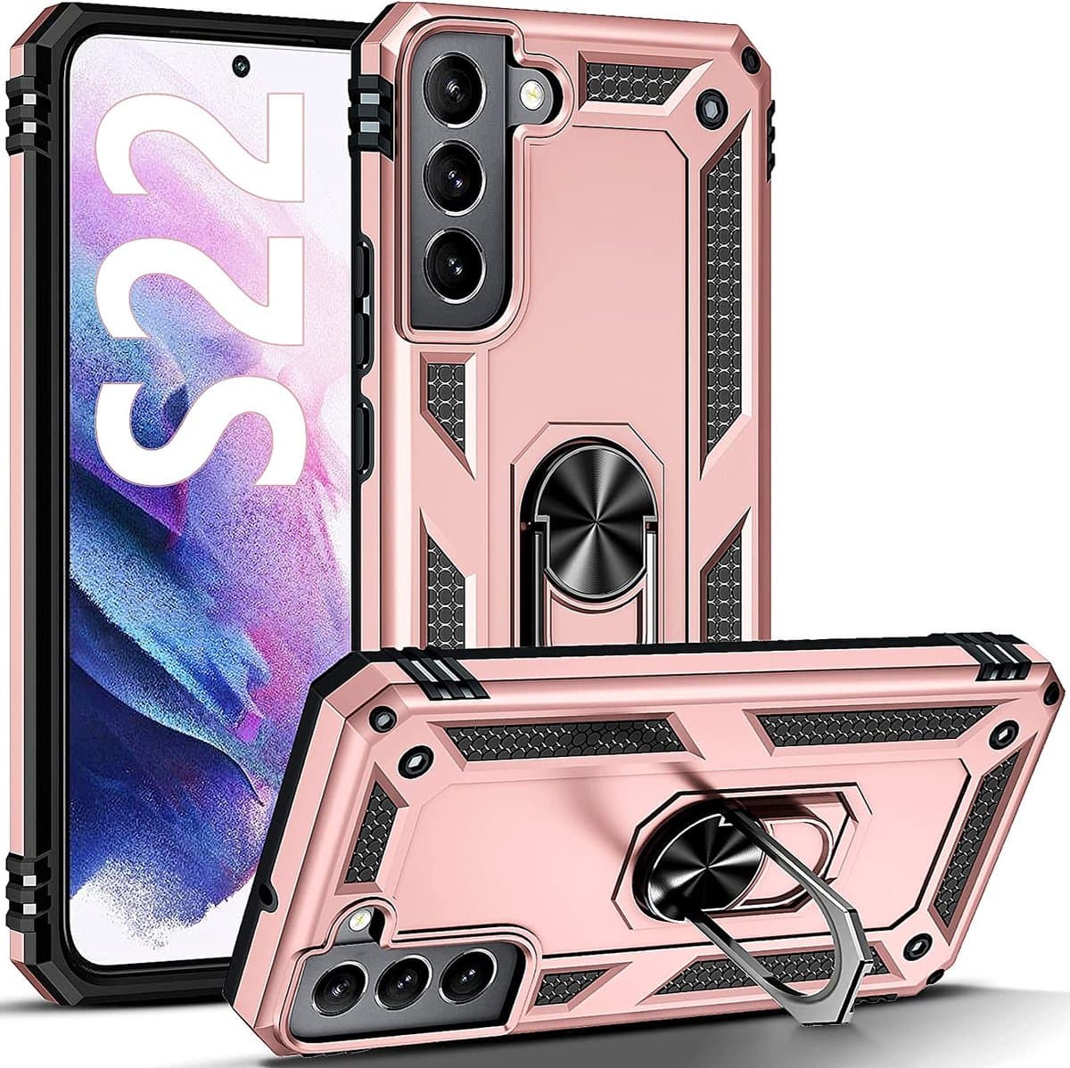 Anti-Shock Hybrid Ring Armor Hoesje Geschikt voor: Samsung Galaxy S22 - rosegoud