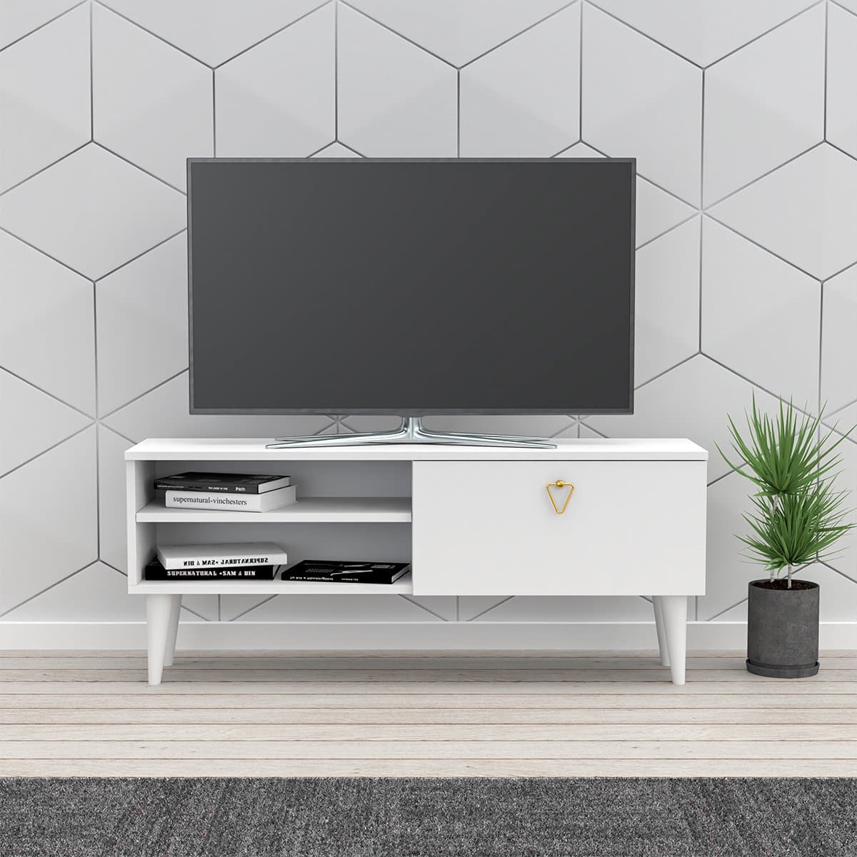 Soph&Tess - Tv Meubel industrieel - Tv kast met Rek - Geschikt voor 55 inch tv- Modern Tv Meubel - Wit - 120 x 30 x 50 cm