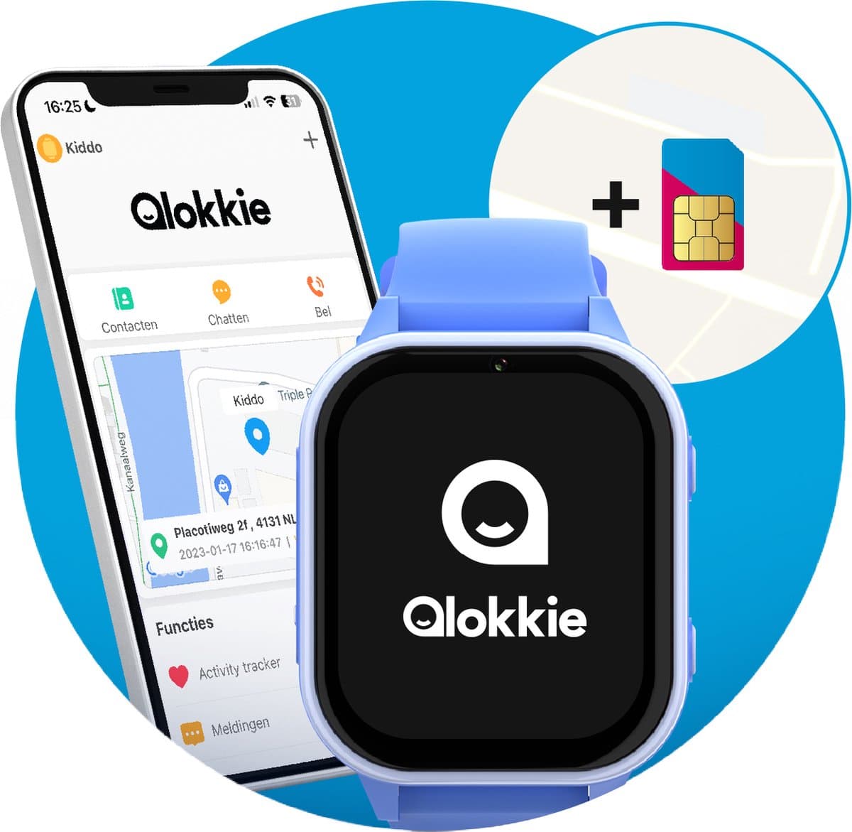 Qlokkie Kiddo 23 - GPS horloge kind - Smartwatch kinderen - GPS tracker kind met nauwkeurige locatiebepaling - GPS horloge kind met simkaart - Stel veilige zones in - SOS functie - Whatsapp - Blauw