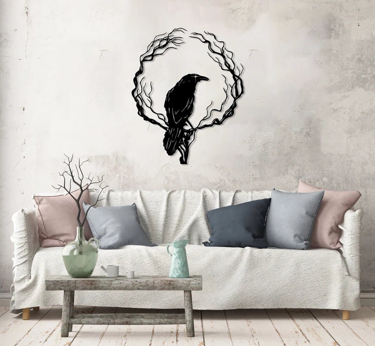 Metalen Wanddecoratie Raven – 3D Wandkunst – Zwart – 40 x 32 cm