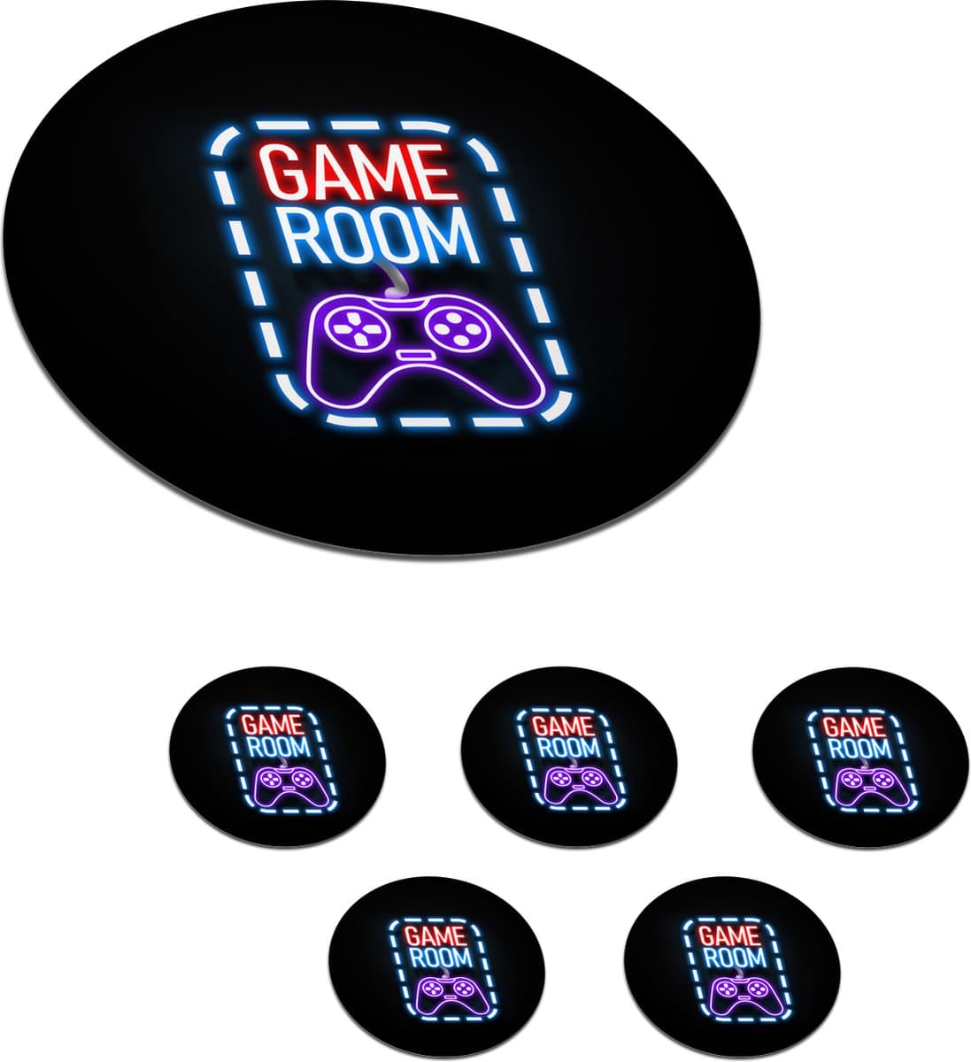 Onderzetters voor glazen - Rond - Neon - Quotes - Game room - Controller - Zwart - 10x10 cm - Glasonderzetters - 6 stuks