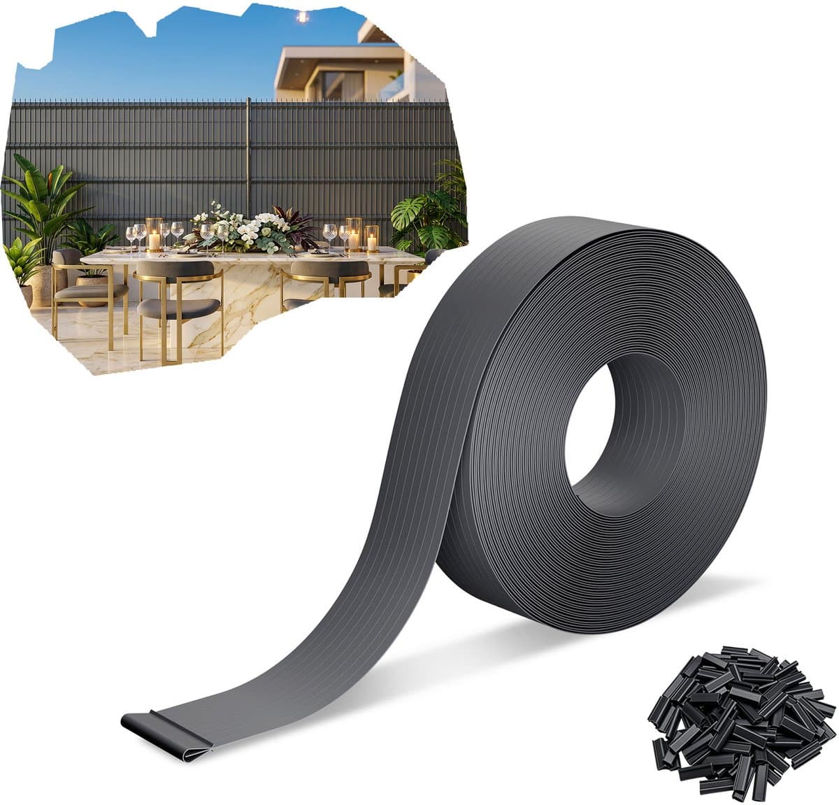 Froadp Antraciet 490 m Premium PVC-privacystroken 4,7 cm voor dubbele staafmatten, weerbestendig, UV-bestendig, scheurvast, ondoorzichtige windbescherming voor tuin, balkon en terras, inclusief clips