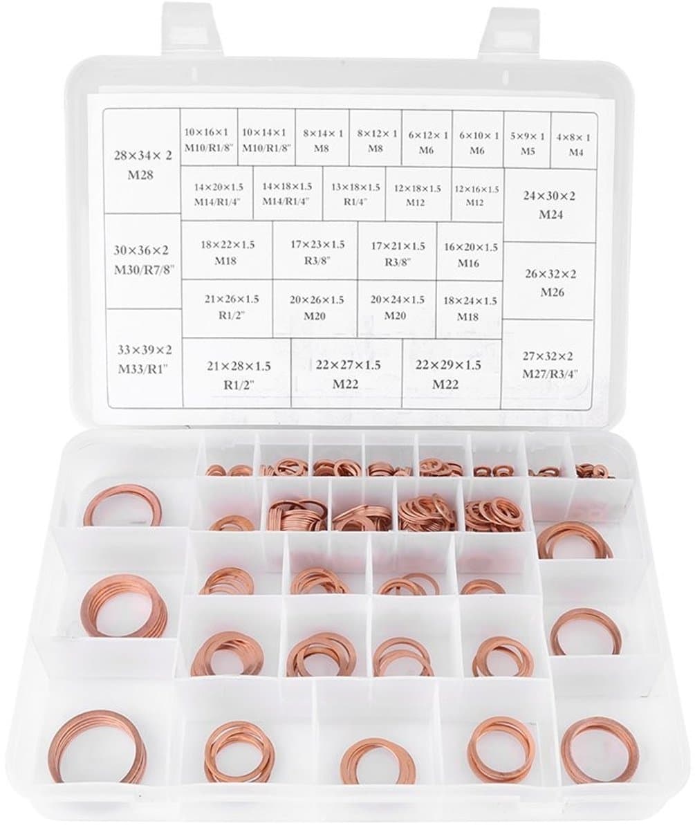 Dailygoods - Platte ring - Koperen afdichtringen - Sterk en duurzaam - 30 maten - Assortiment set met plastic doos - Geschikt voor diverse toepassinge...