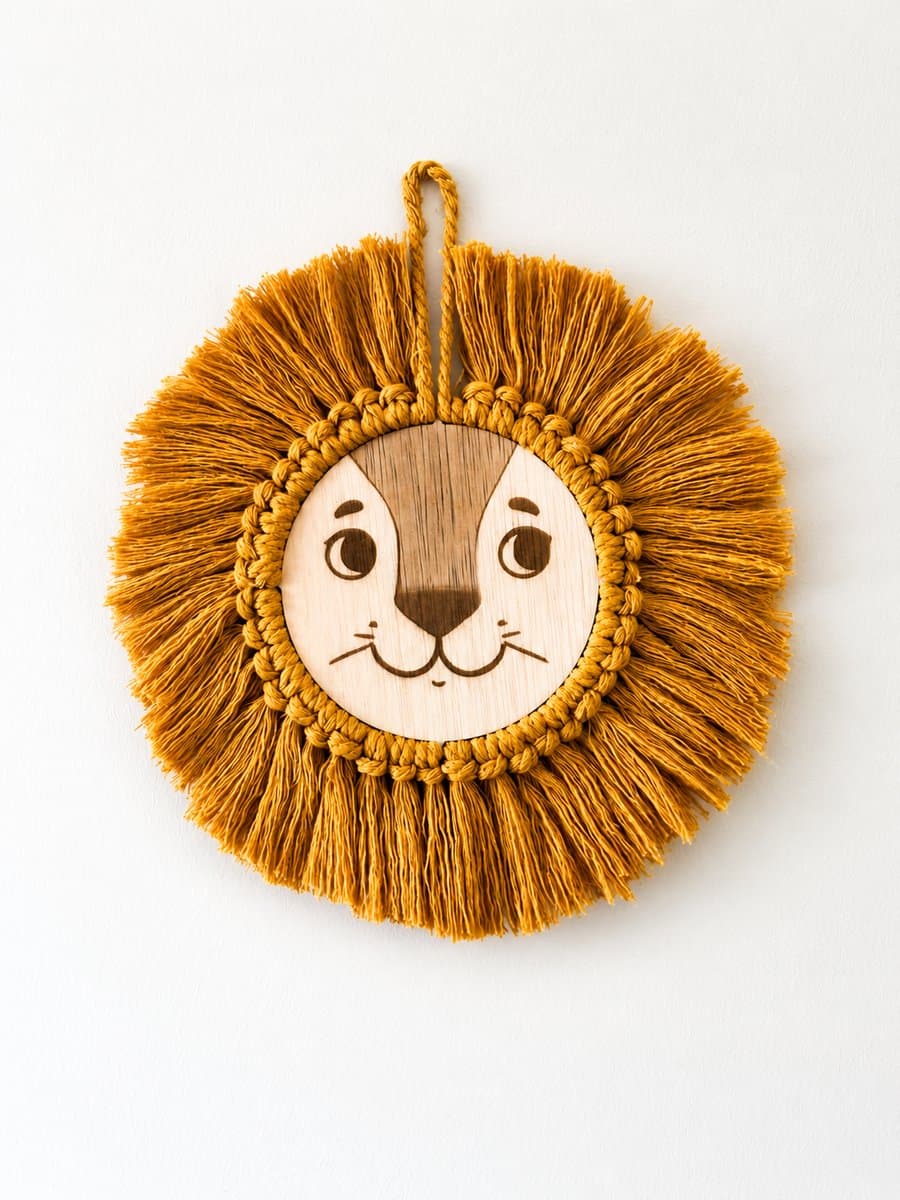 Houten Leeuwenkop Babykamer – Macramé Wanddecoratie Okergeel – Jungle Safari Decoratie Kinderkamer – Handgemaakt