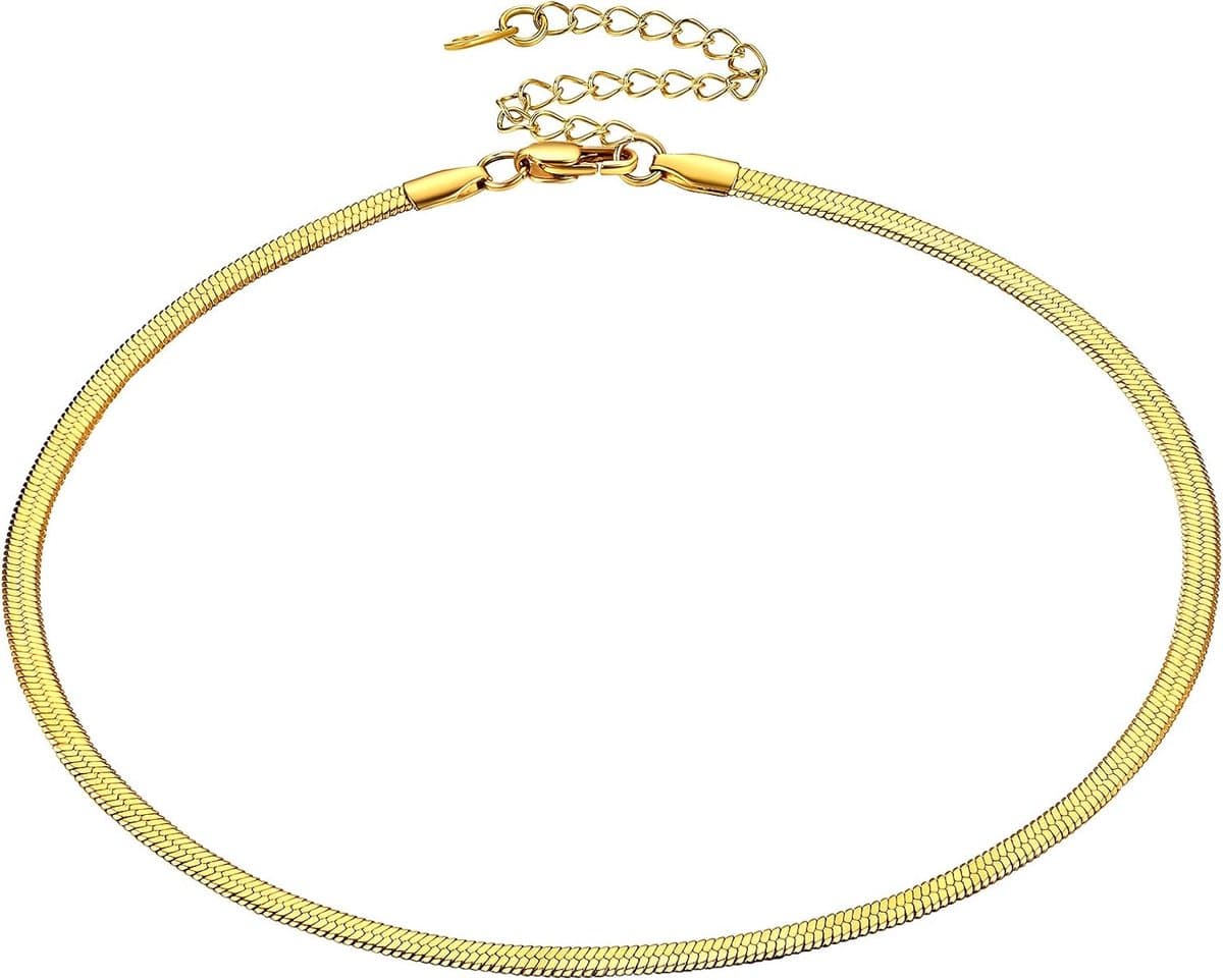 Platte slangenkettingen voor dames en meisjes, zilver/goud/roségoud, roestvrij staal, visgraatketting, choker, verstelbaar