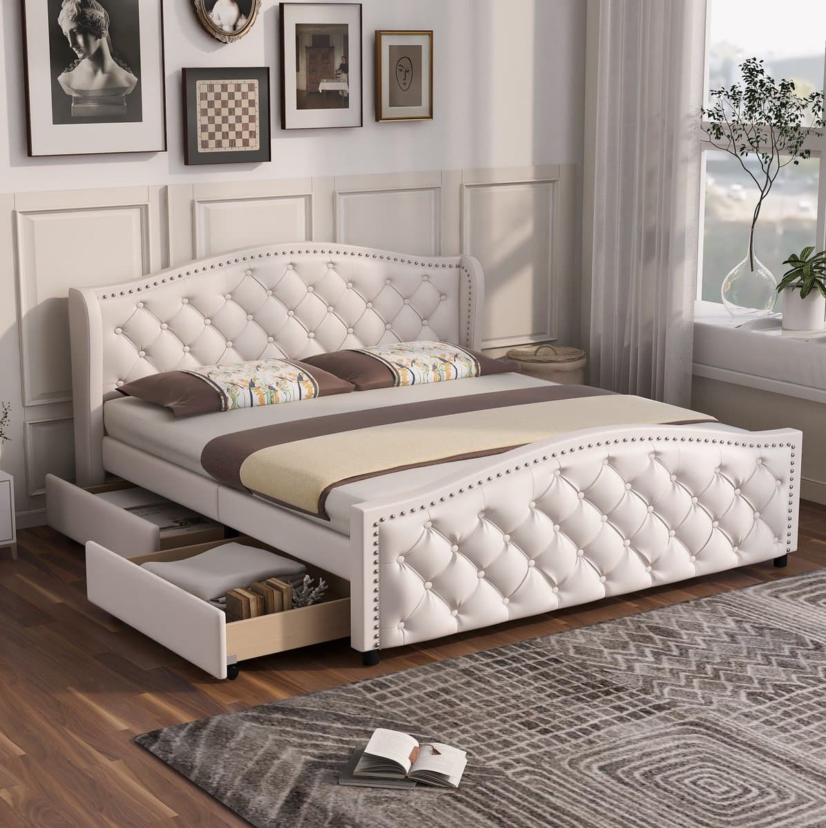 MEUNIQ gestoffeerd bed 160 x 200 cm met lattenbodem, 2 lades, hoog hoofdbord en opbergruimte, tweepersoons bedframe voor slaapkamer of logeerkamer, wit