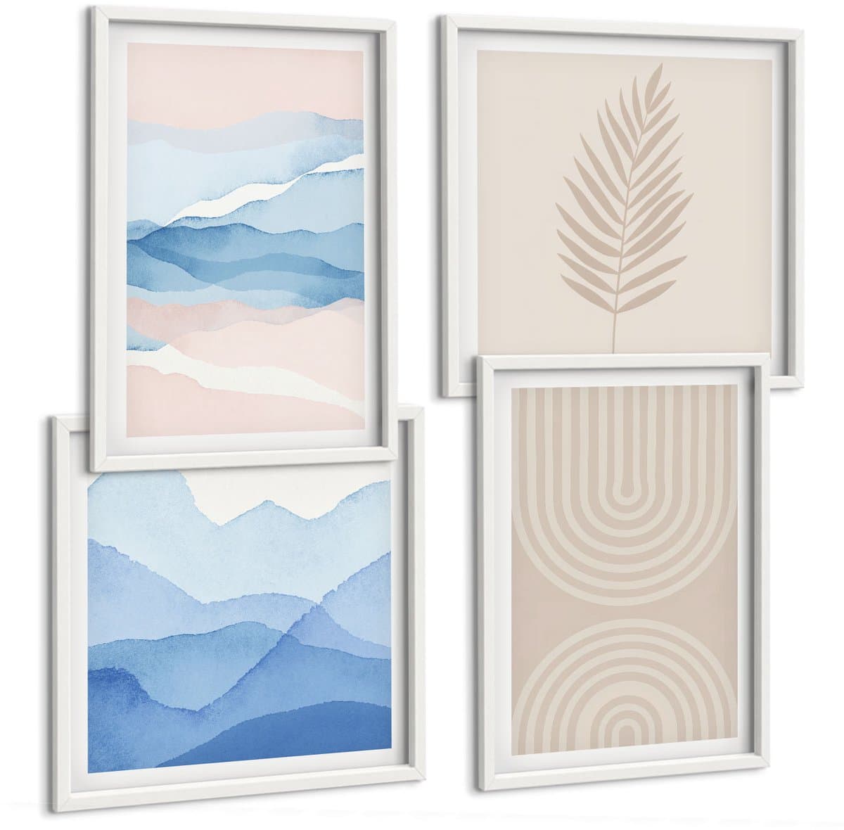 Tulup 4-Delige Schilderij Set - Bladeren en golven in beige en blauwe tinten. - 40x40 en 40x60 - Decoratieve Schilderijen - Woonkamer - Interieur