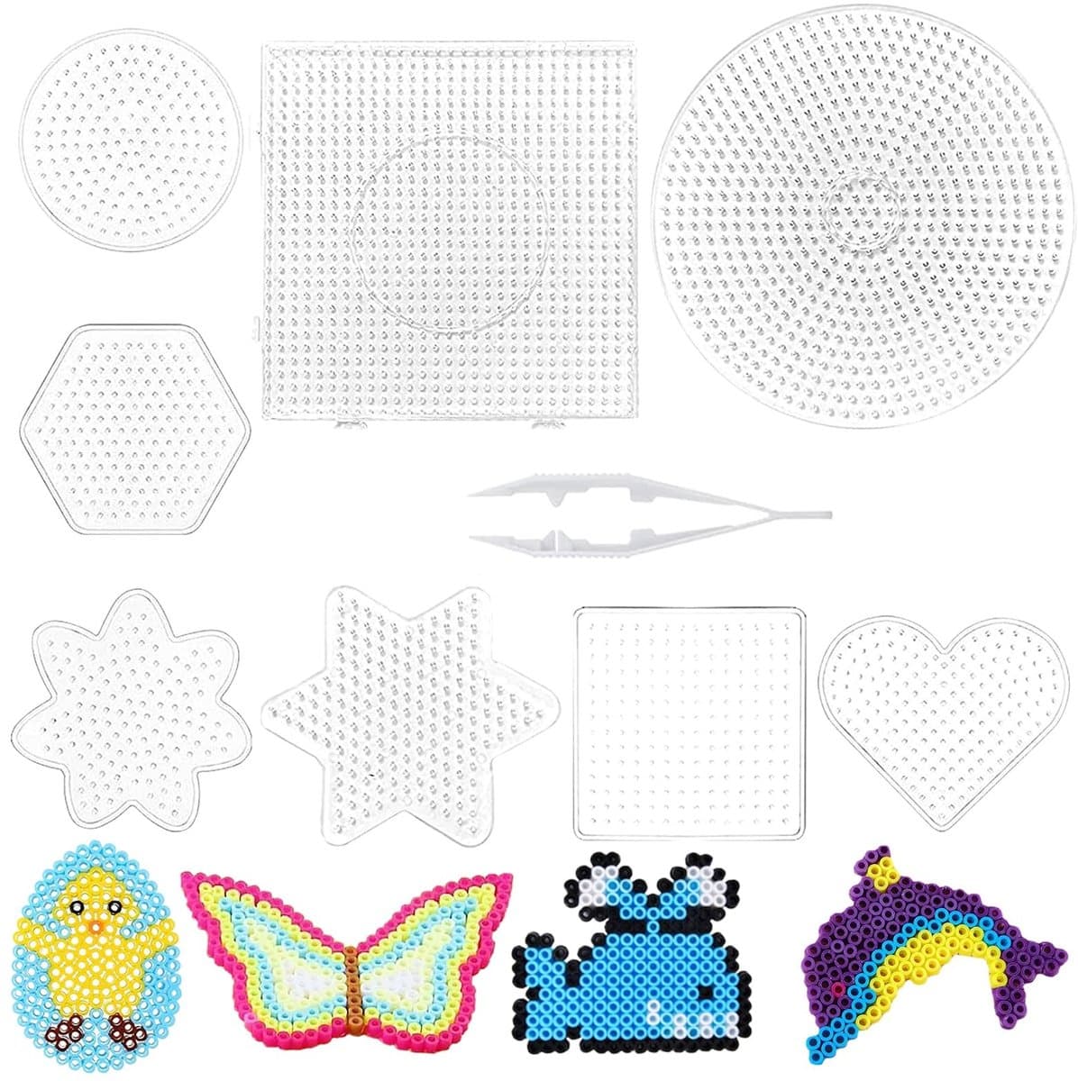 Dailygoods- Strijkkralen Set 8 Stuks - Transparante Grondplaten - 2 Grote/6 Kleine Maten - Inclusief Pincet - Voor Creatieve Knutselaars - 5 mm - Strijkkralenplaat