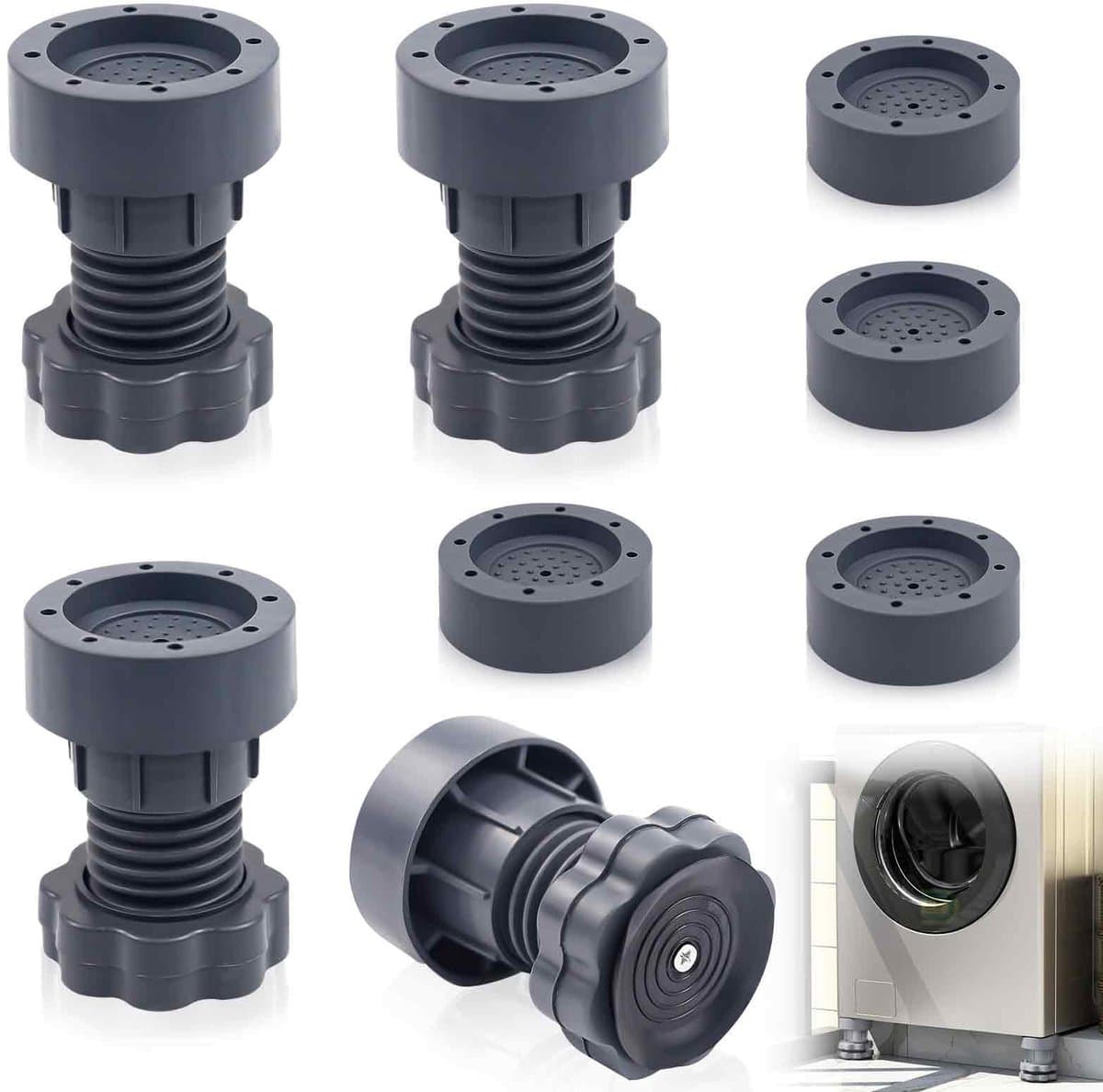 4 stuks wasmachine trillingsdempers en 4 stuks voeten, wasmachine anti-vibratie voeten, verstelbare hoge trillingsdemper, verstelbare hoogte 8,5 - 10,5 cm, voor wasmachine droger, koelkast, tafel