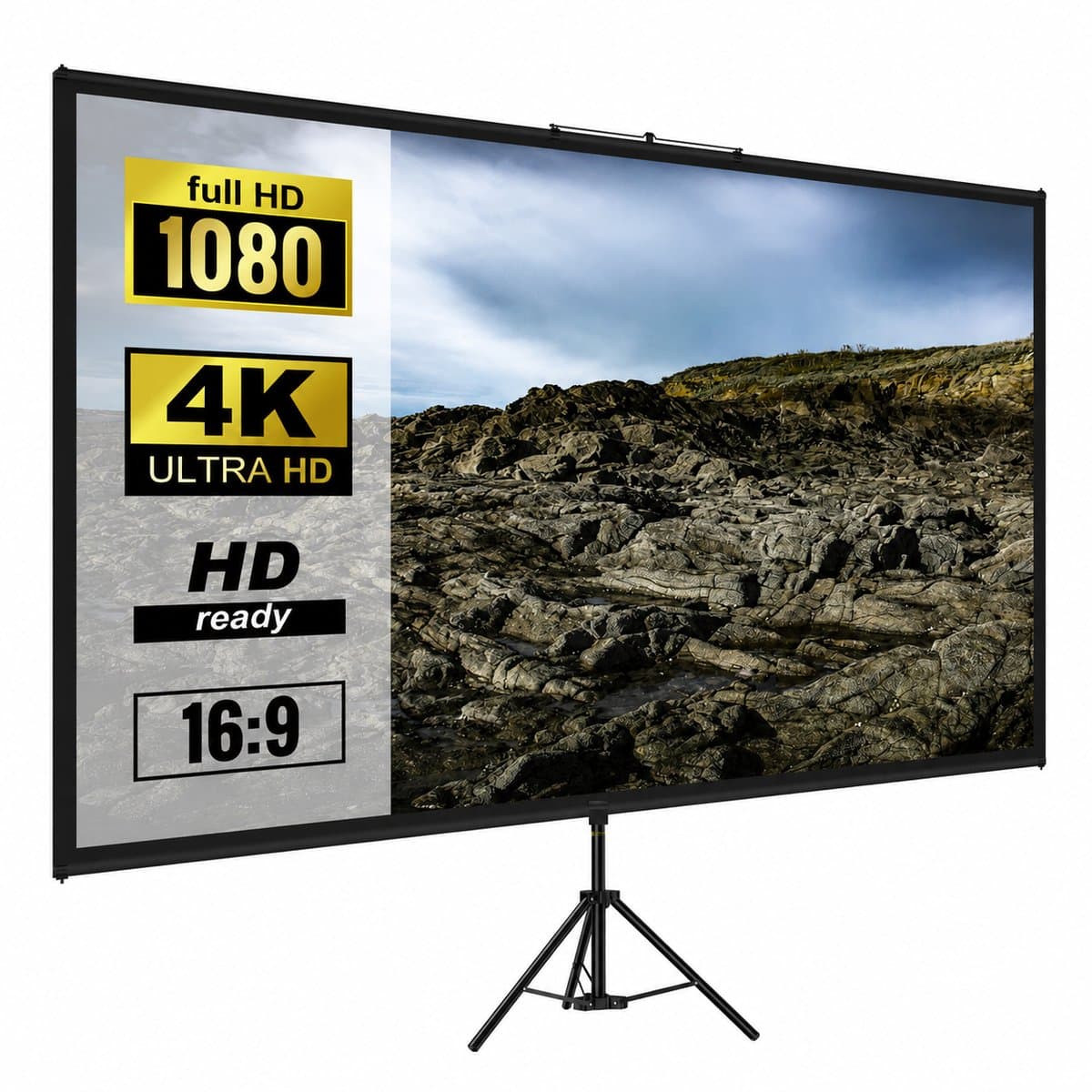 Bruinsma INEX Projector Scherm - Projector Scherm Met Statief - Projector Scherm Oprolbaar Hangend - Draagbaar 4K HD Beamer Scherm - In Hoogte Verstelbaar - Kreukvrij - Binnen & Buiten - 160° Kijkhoek - 110 INCH