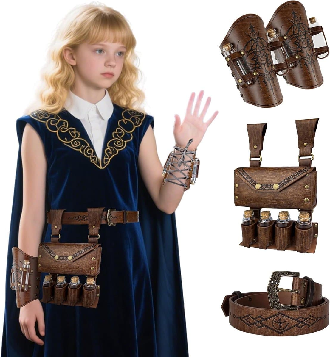 4-delige Middeleeuwse Alchemie Set voor Kinderen - Magiër Gordel, Heupzak & Armbeschermers met Flesjes voor Cosplay