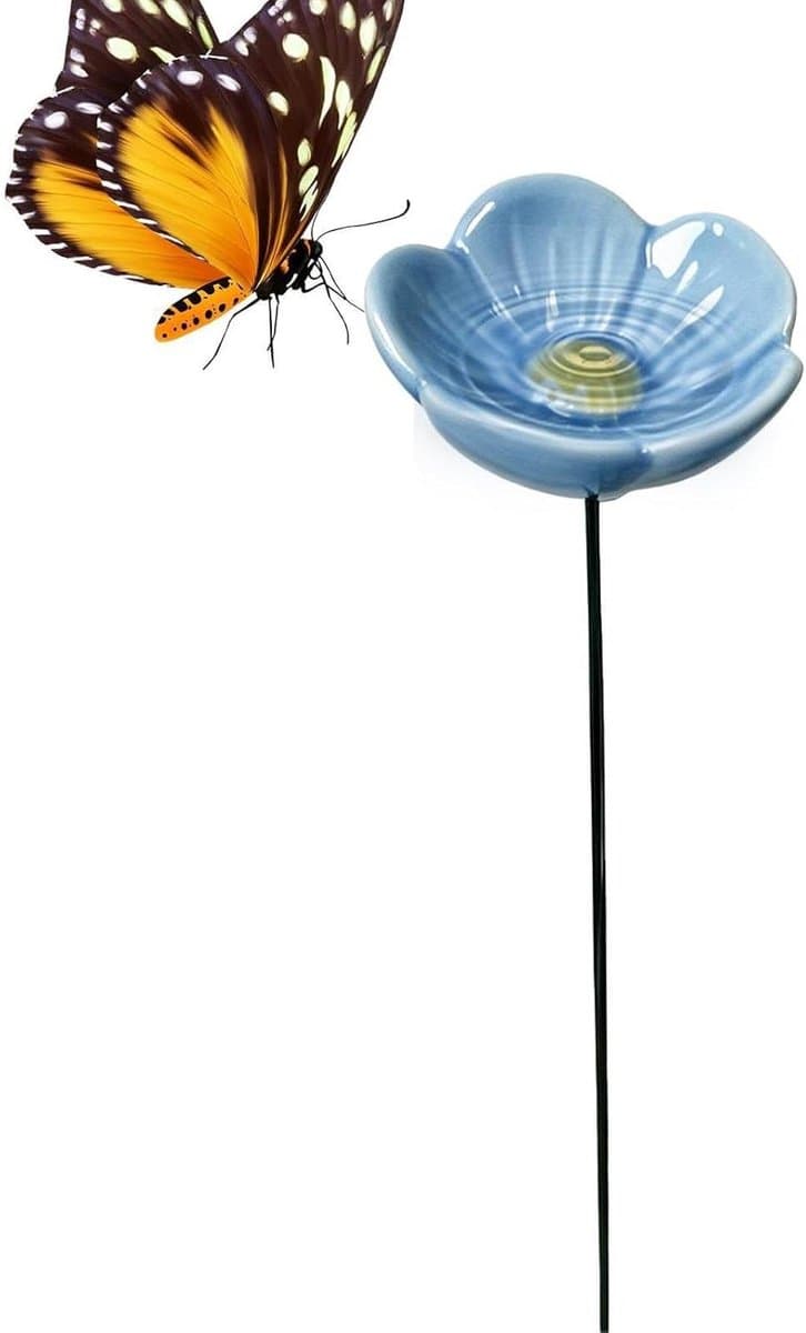 Bijen Voederstation - Vogeldrinkbak Bijenbakje - Tuin Decoratie - 3D Vlinder Accent - 27 cm Hoog - Blauw