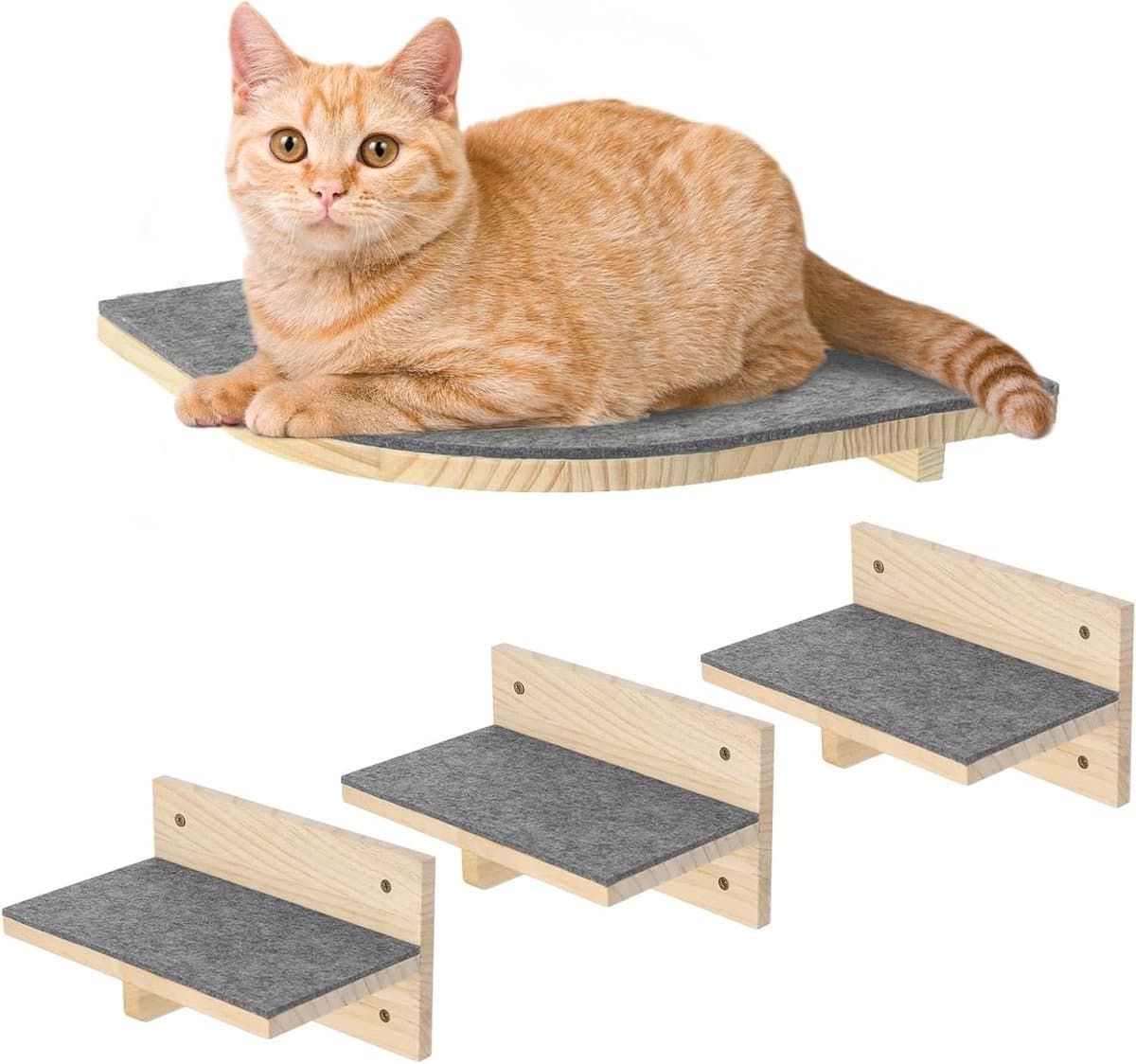 Klimwand Katten - Kattenmuur Parcours - Natuurlijke Drift - Duurzaam Grenenhout - Set Van Vier - Grijs Vilt
