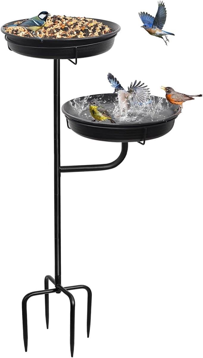 Vogelbad Vrijstaand - Vogelvoederbak Tuin - Vogels Voeren - 2-in-1 Kom - 100 cm Hoog - Zwart