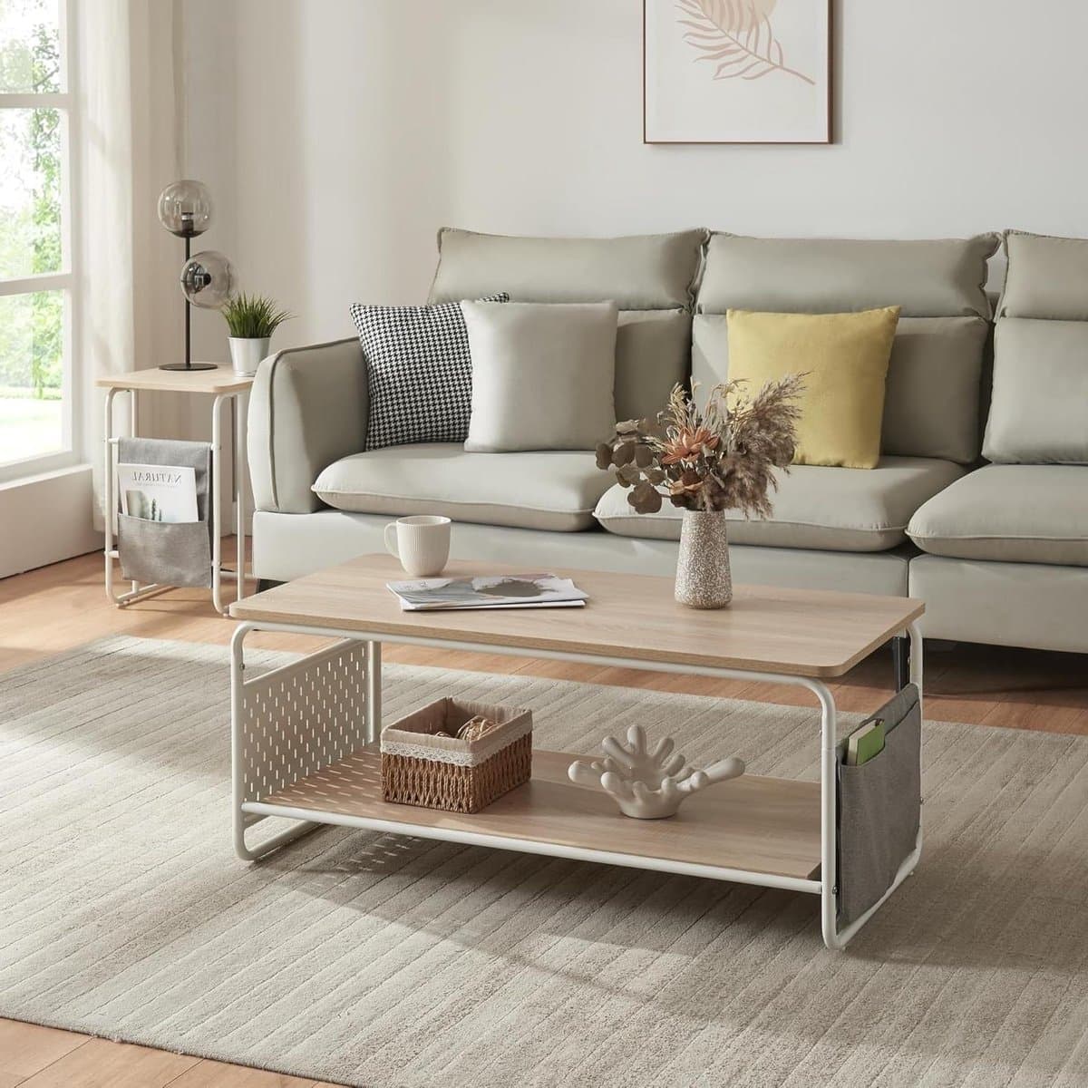 Salontafel - Koffietafel bijzettafel - Woonkamer inrichten - Met stoffen opbergvak - 43x100x50 cm - Wit eiken grijs