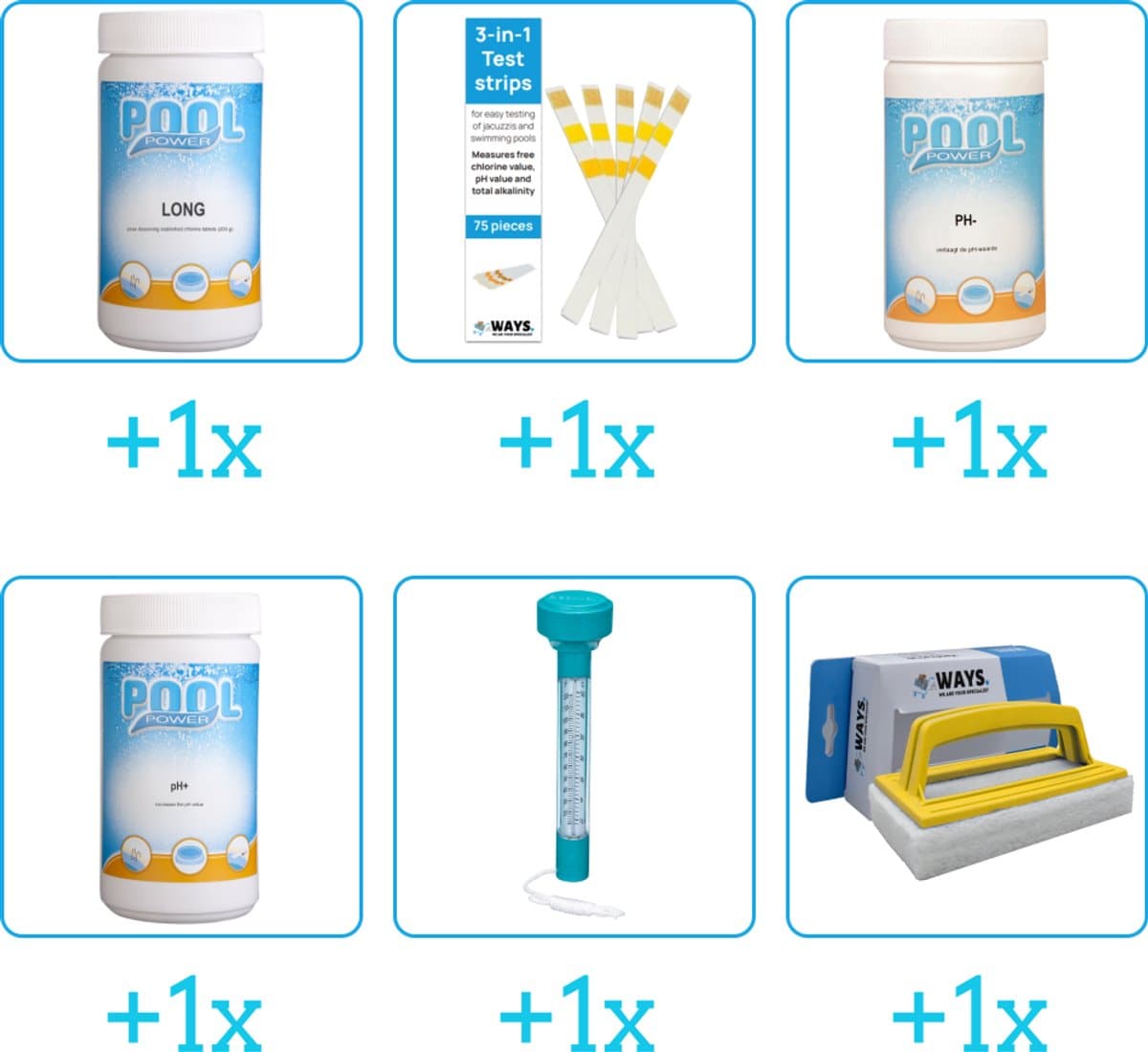 Zwembad Onderhoudspakket - Onderhoud Zwembad - bevat Chloor - Testrips - PH-min - PH-plus - Thermometer en Scrubborstel (6-delig)