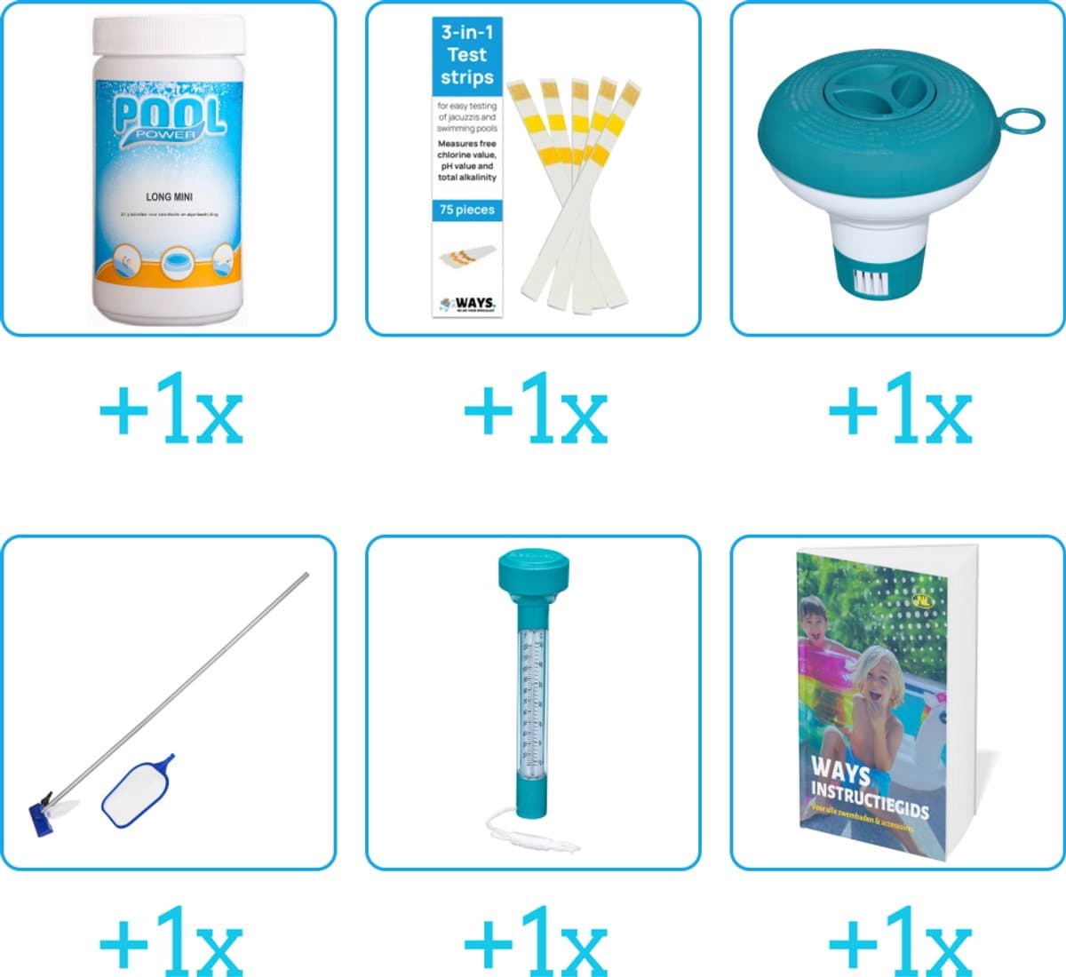Zwembad Onderhoudspakket - Onderhoud Zwembad - bevat Chloor - Testrips - Chloordrijver - Schoonmaakset - Thermometer en Zwembadgids (6-delig)