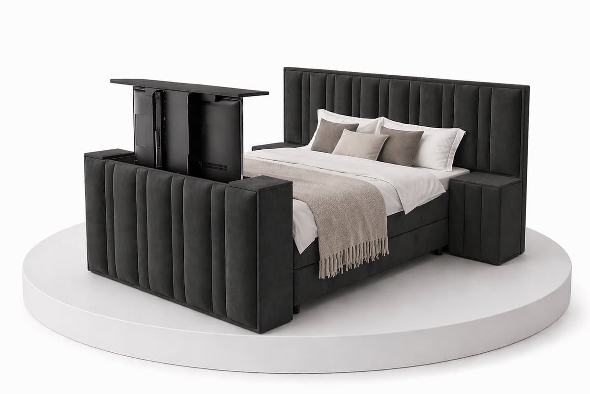Boxspring CineLux TV-Lift - 180x220 Compleet - Met nachtkastjes - Antraciet - BalBedden