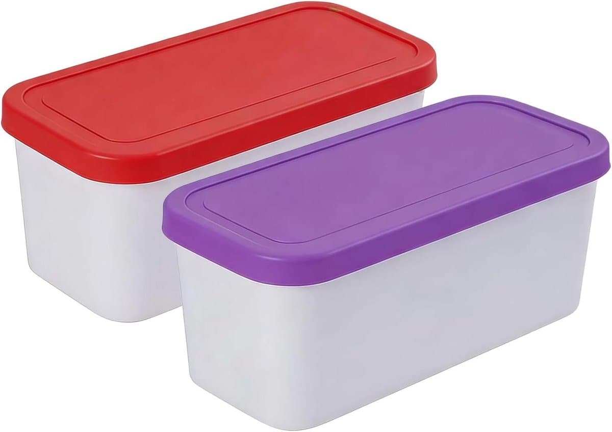 IJscontainer Set - Opslagbakjes - Zelfgemaakt IJs - Dubbele Dekselkleuren - 2 Liter - Paars Rood