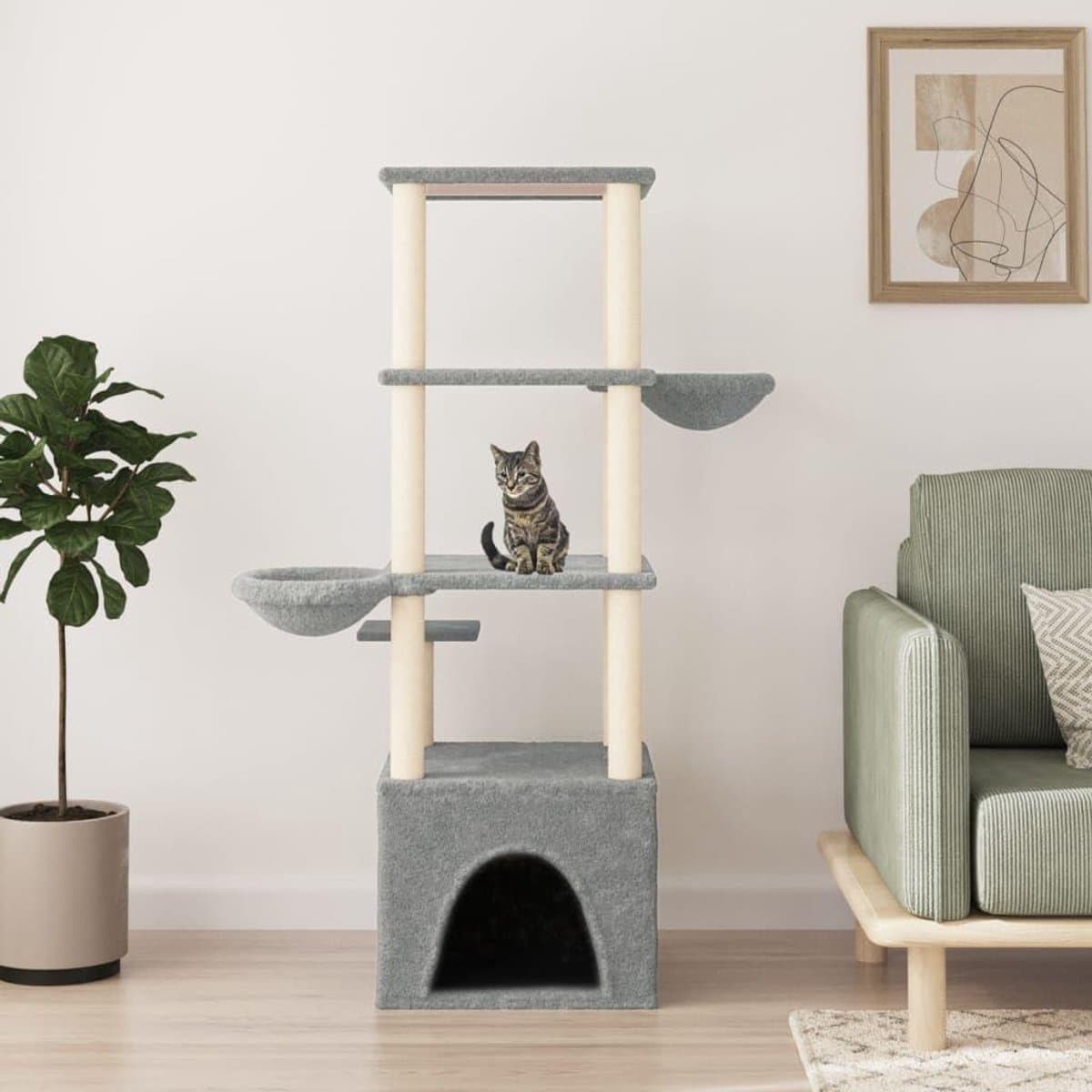 Krabpaal Kattenmeubel - Kattenboom Toren - Spelen en Rusten - Meerdere Niveaus - 147 cm Hoog - Lichtgrijs