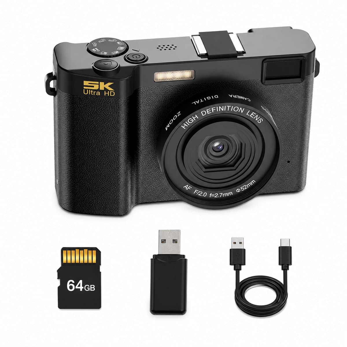 Gloovon® - Digitale Camera - 5K - 64MP - Fotocamera - Fototoestel - Vlog Camera - Video Camera - Inclusief 64GB Micro-SD-kaart - Zwart