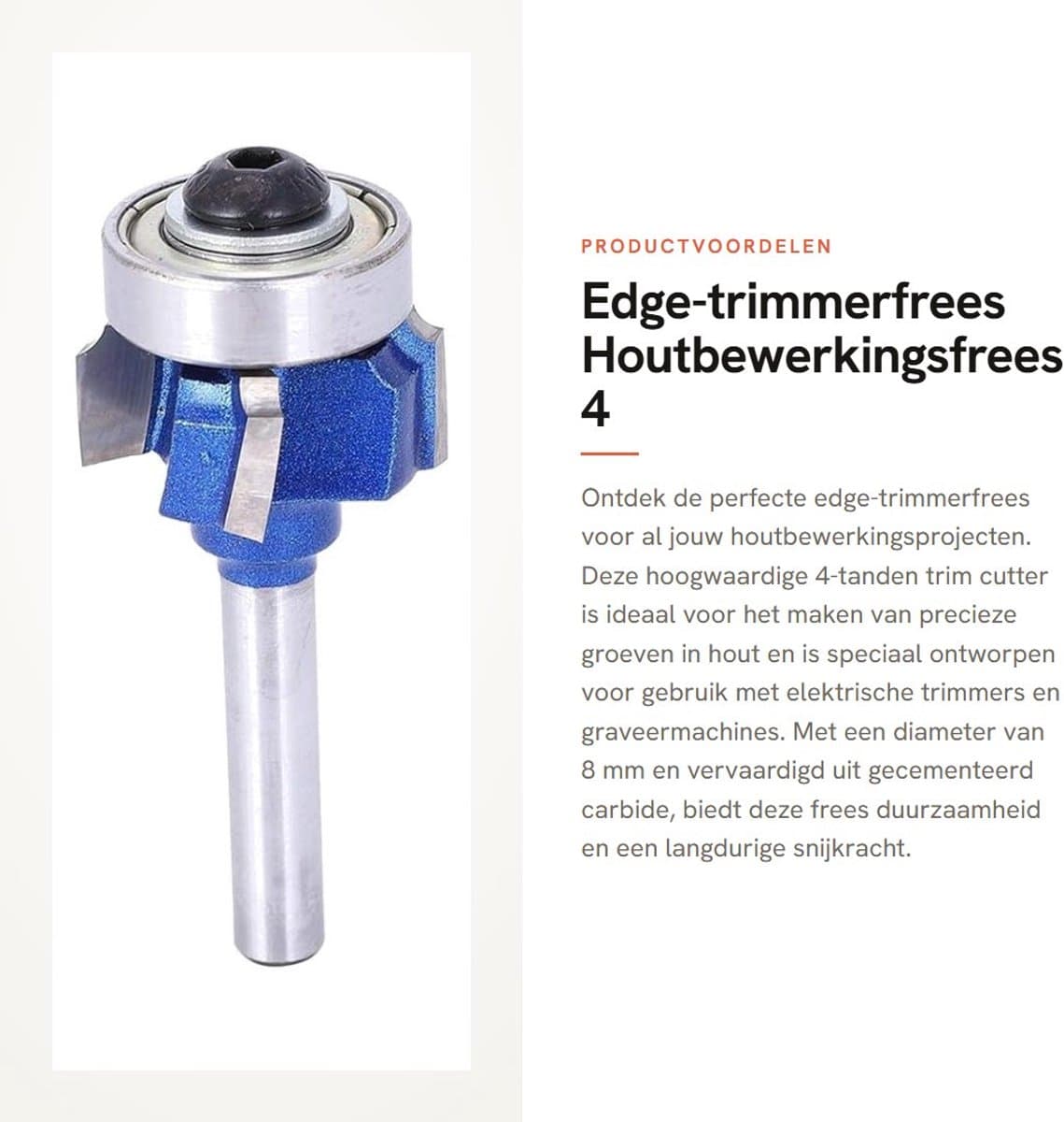 Dailygoods - Edge-trimmerfrees - Houtbewerkingsfrees - 4 Tanden - Ronde Routerbit - Cemented Carbide - Geschikt voor Elektrische Trimmers - Diameter 8 mm