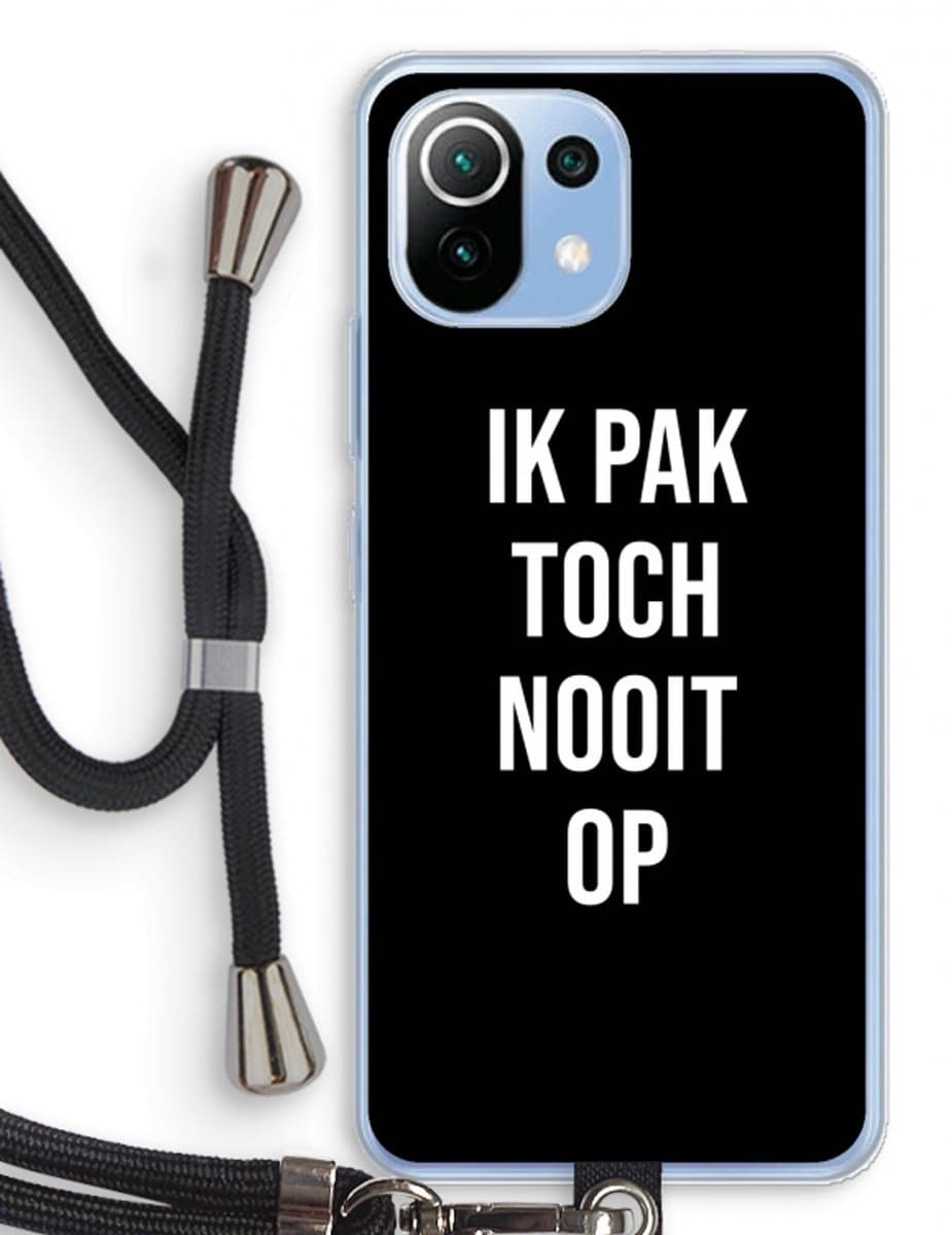 Case Company® - Hoesje met koord geschikt voor Xiaomi Mi 11 Lite hoesje met Koord - Ik pak nooit op - Zwart - Telefoonhoesje met Zwart Koord - Bescherming aan alle Kanten en Over de Schermrand