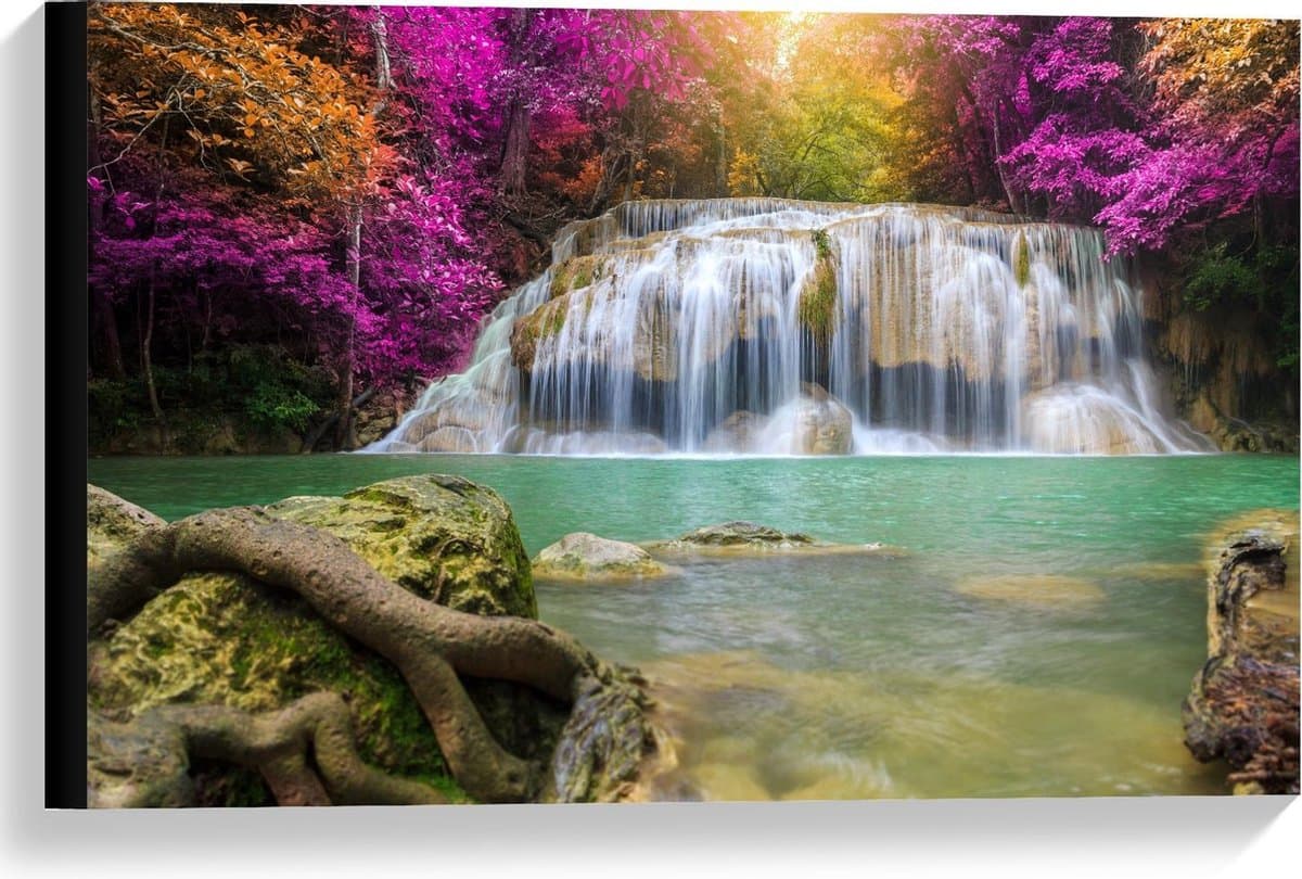 Canvas  - Waterval over Rotsen tussen Paarse Takken - 60x40cm Foto op Canvas Schilderij (Wanddecoratie op Canvas)