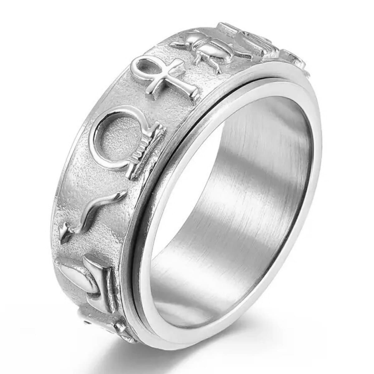Anxiety Ring - (Egypte) - Stress Ring - Fidget Ring - Anxiety Ring For Finger - Draaibare Ring - Spinning Ring - Zilverkleurig RVS - (16.50 mm / maat 52)