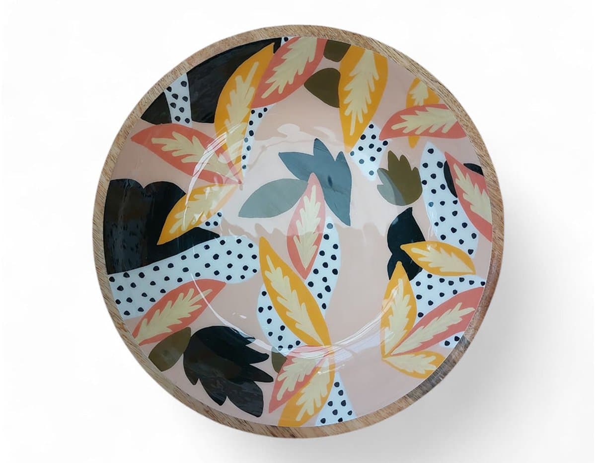 Floz Design houten schaal met patroon - fruitschaal - serveerschaal - in aardetinten - print als keramiek - 30 cm - handgemaakt en fairtrade