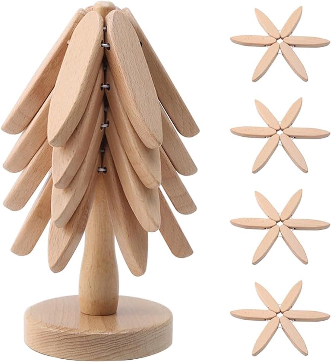 Houten Onderzetters in De Vorm Van Een Boom - Opvouwbare Houten Onderzetter - Set van 4 Houten Onderzetters en 1 Houder - voor Pannen, Koekenpannen en Warme Kommen
