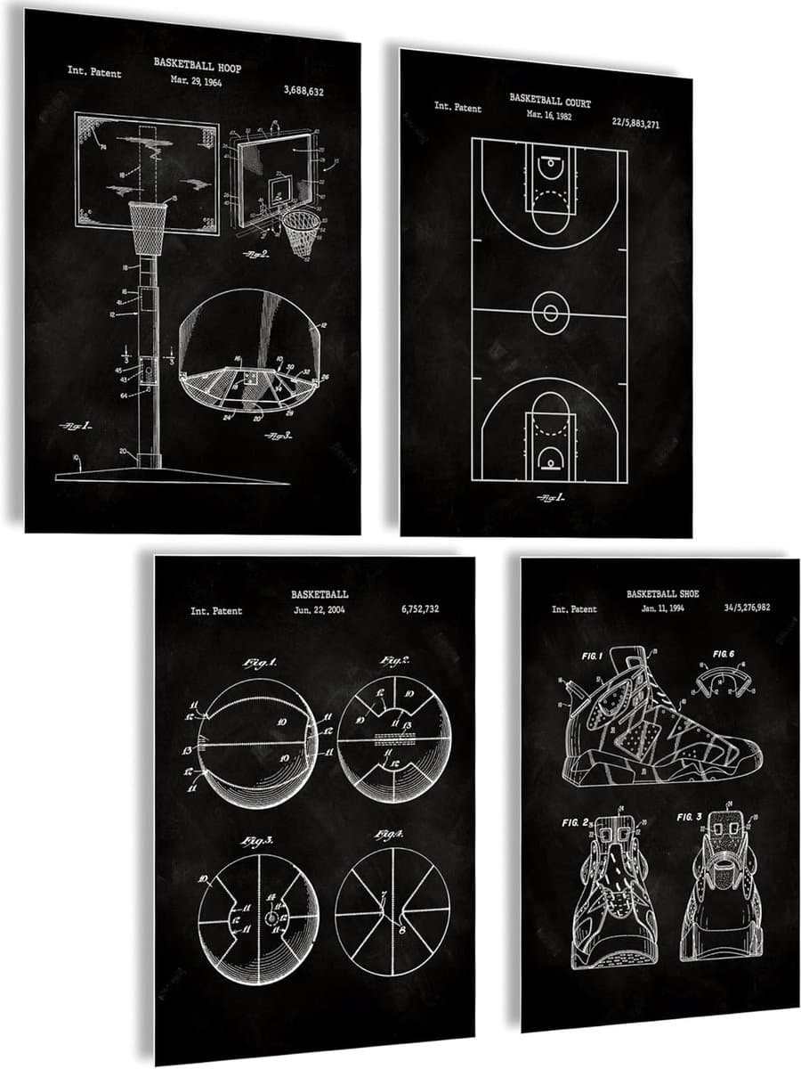 Basketbal Poster Set - Sport Prints - Muur Decoratie - Uniek Patent Ontwerp - 21x30cm