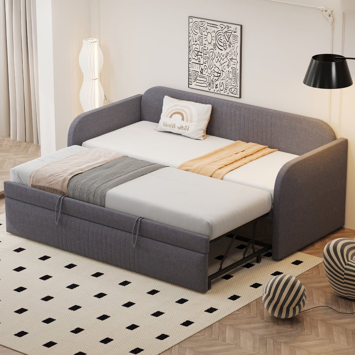 MODENUIT Gestoffeerd slaapbankbed 90x190 cm – Uitschuifbaar tot 180x190 cm – Lattenbodem – Zonder matras – Grijs