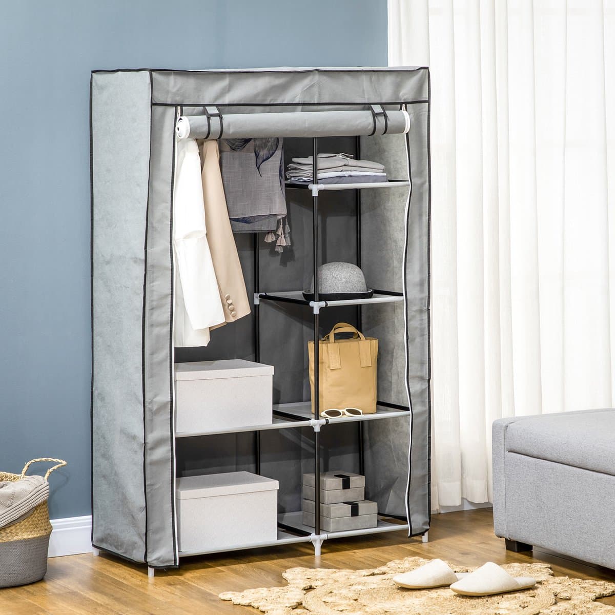 Wishdor - Stoffen Kledingkast - 6 Vakken En Hangstang - Vlieslook - Stof - Grijs - 103 X 43 X 162,5 Cm
