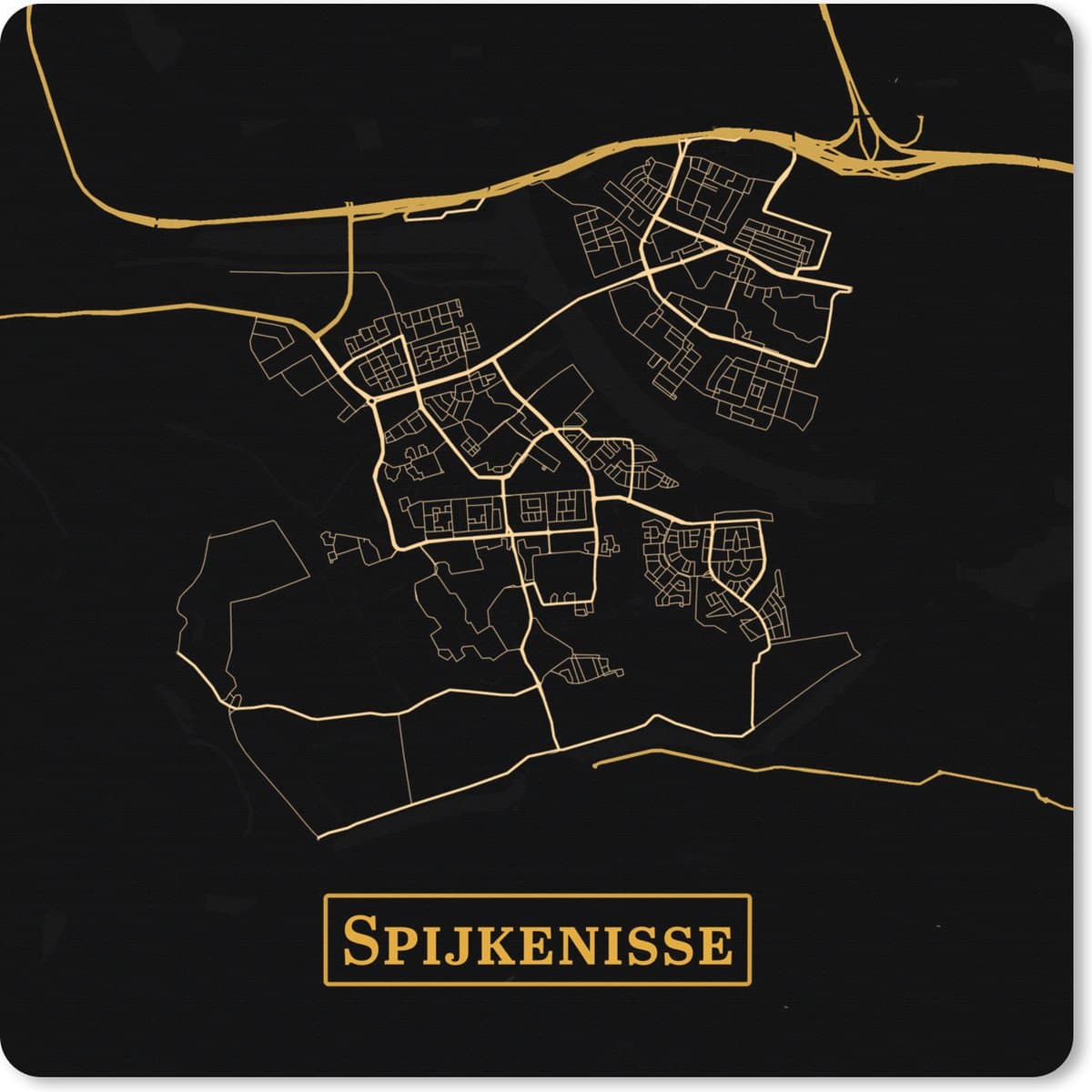 Muismat XXL 60x60 cm - Bureau onderlegger - Bureau mat Kaart - Spijkenisse - Goud - Zwart - Bureaumat - Gaming mousepad xl - Bureaulegger groot - Computer deskmat