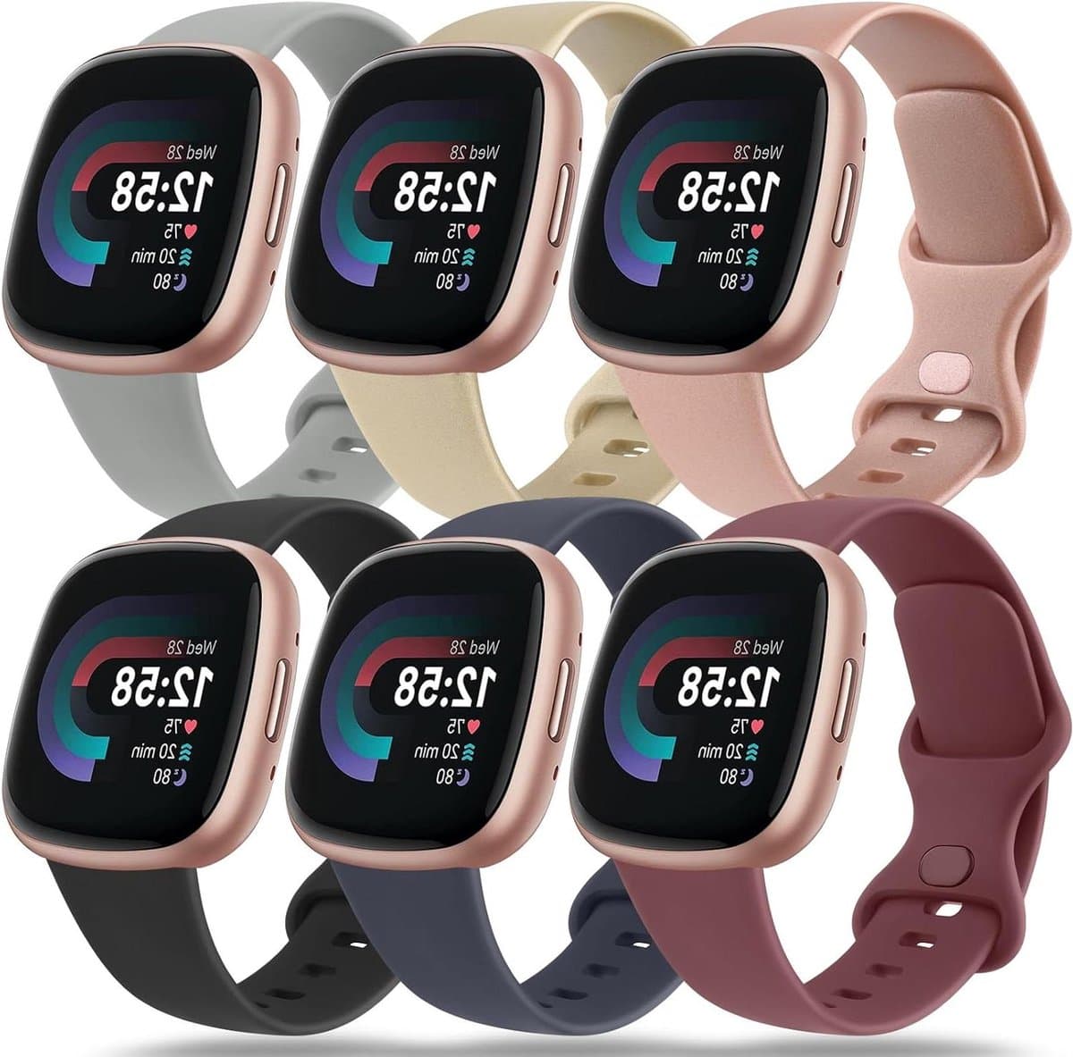 Allecto Plus - Set van 6 siliconen sportreservearmbanden voor Fitbit Versa 3/Fitbit Versa 4/Fitbit Sense/Fitbit Sense 2 - voor dames en heren - Small