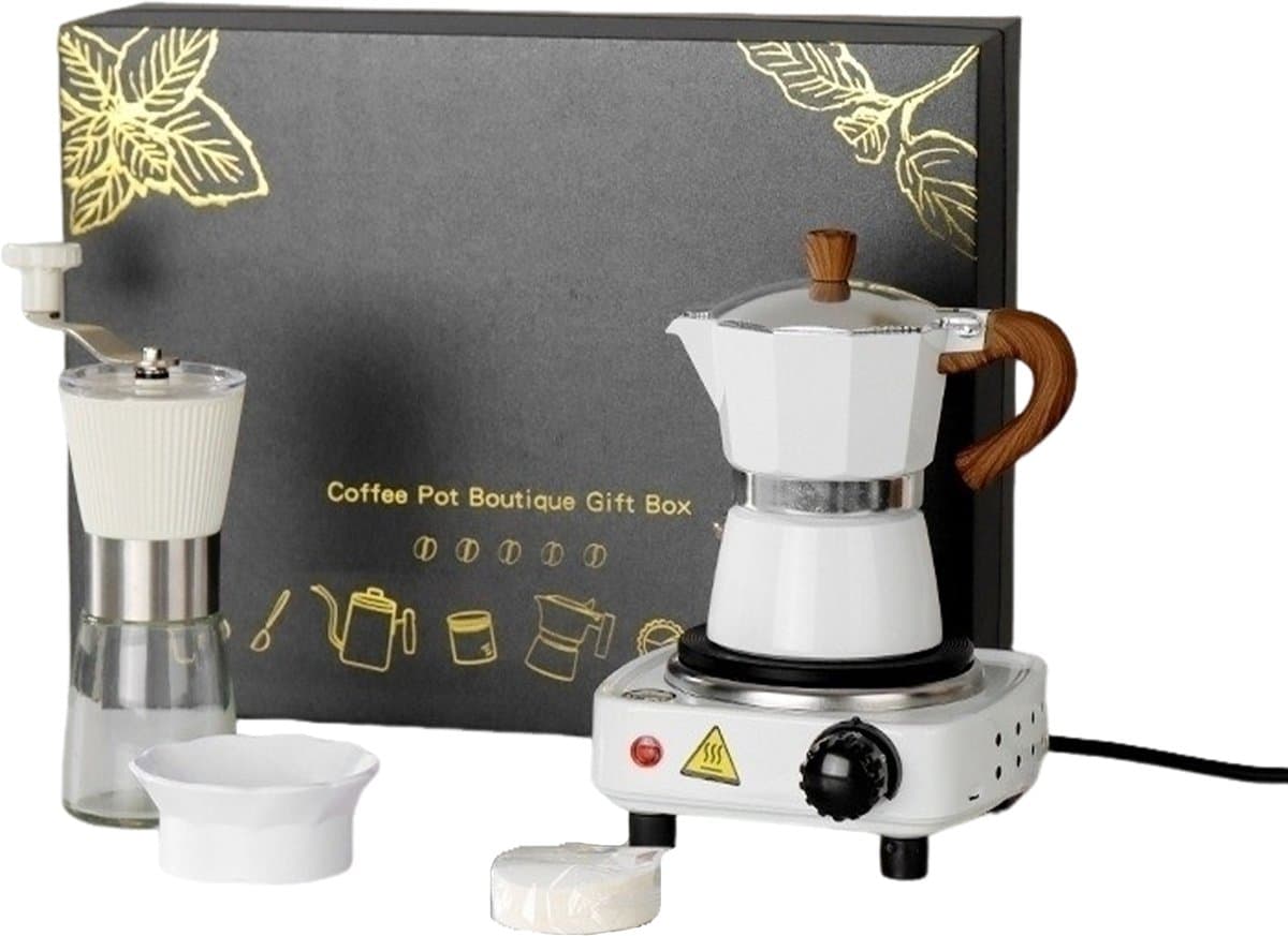 CHIWIN Koffiepot Set 150 ml – Aluminium Moka Koffiezetter Complete Set – Inclusief Reismeel, Molen, Filterpapier – Geschikt voor Alle Warmtebronnen – Luxe Zwarte Geschenkdoos