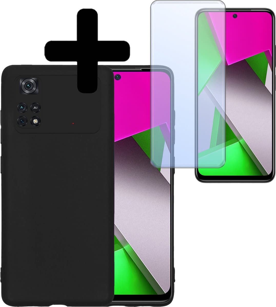 Hoesje - Met Screenprotector - Geschikt voor Xiaomi Poco M4 Pro 4G - Sterk & Shockproof - Back Cover - Siliconen Case - Telefoon Hoes - Telefoonhoesjes - Zwart