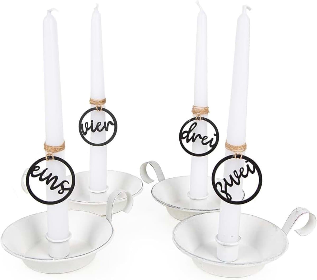 Adventskrans met vier kandelaars + kaarsen en 1, 2, 3, 4 cijfers, zwart/wit