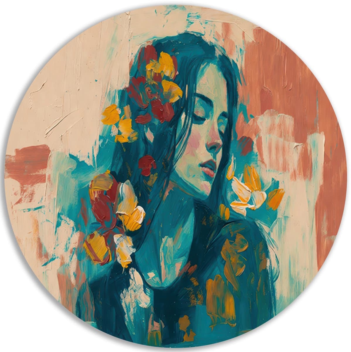 Muurcirkel Dibond - Slaapkamer decoratie - Vrouw - Portretten - Modern - Mensen - Hal - Bohemian - Moderne schilderijen in huis - 60x60 cm